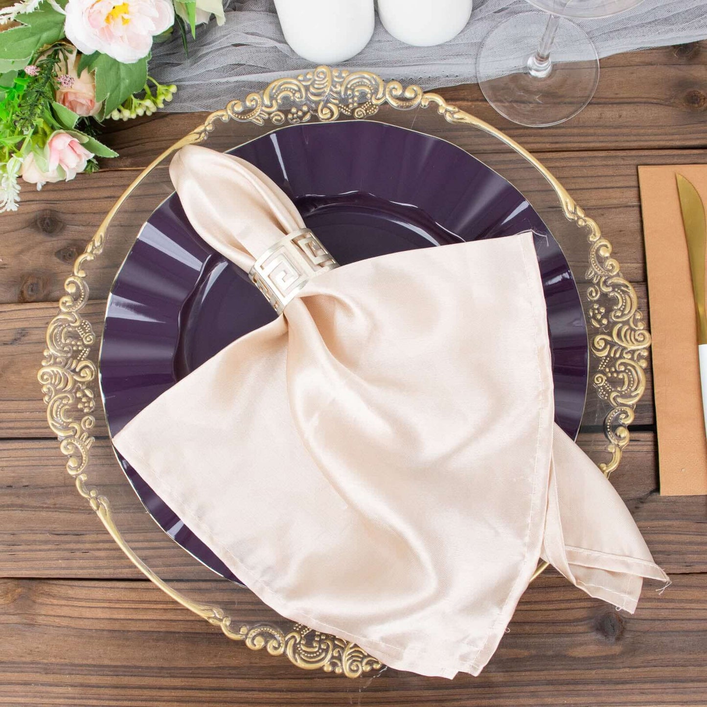 10-Pack Plastic 11" Round Dinner Plates in Purple Ruffled Rim with Gold Edging - Sturdy Disposable Dinnerware