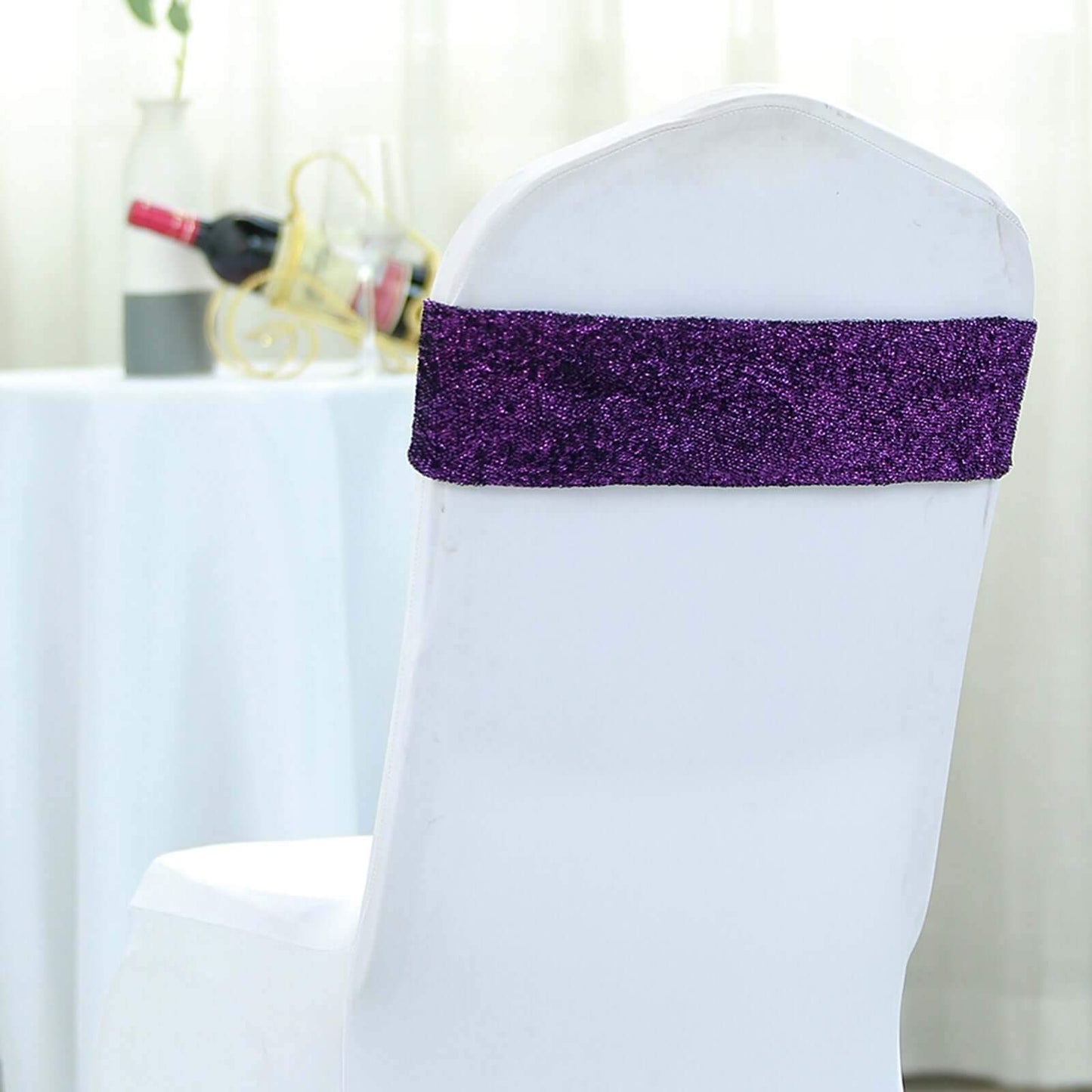 5 Pack Metallic Shimmer Tinsel Spandex Chair Sashes Purple - Durable and Reusable Stretch Chair Bands
