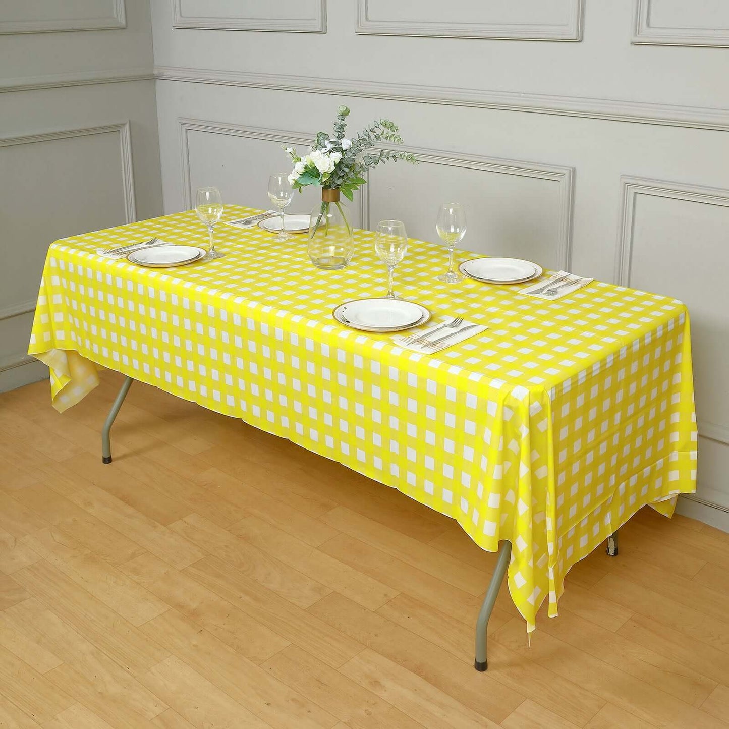 Plastic Table Cover White/Yellow Checkered Rectangle - Lightweight PVC Disposable Tablecloth 54"x108"