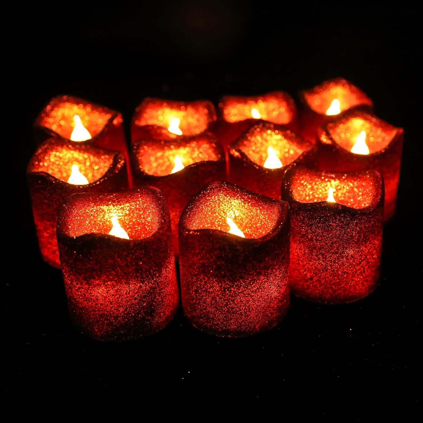 12-Pack LED Votive Candles Glittered Red Design - Reusable Flameless Battery Operated Lights