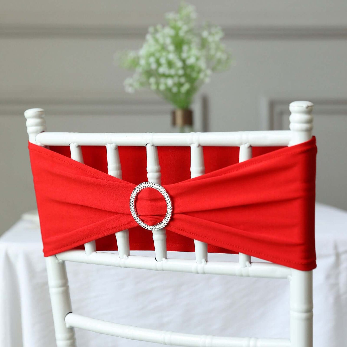 5 Pack Stretch Spandex Chair Sashes Red - Reusable Chair Bands with Silver Diamond Ring Slide Buckle 5"x14"