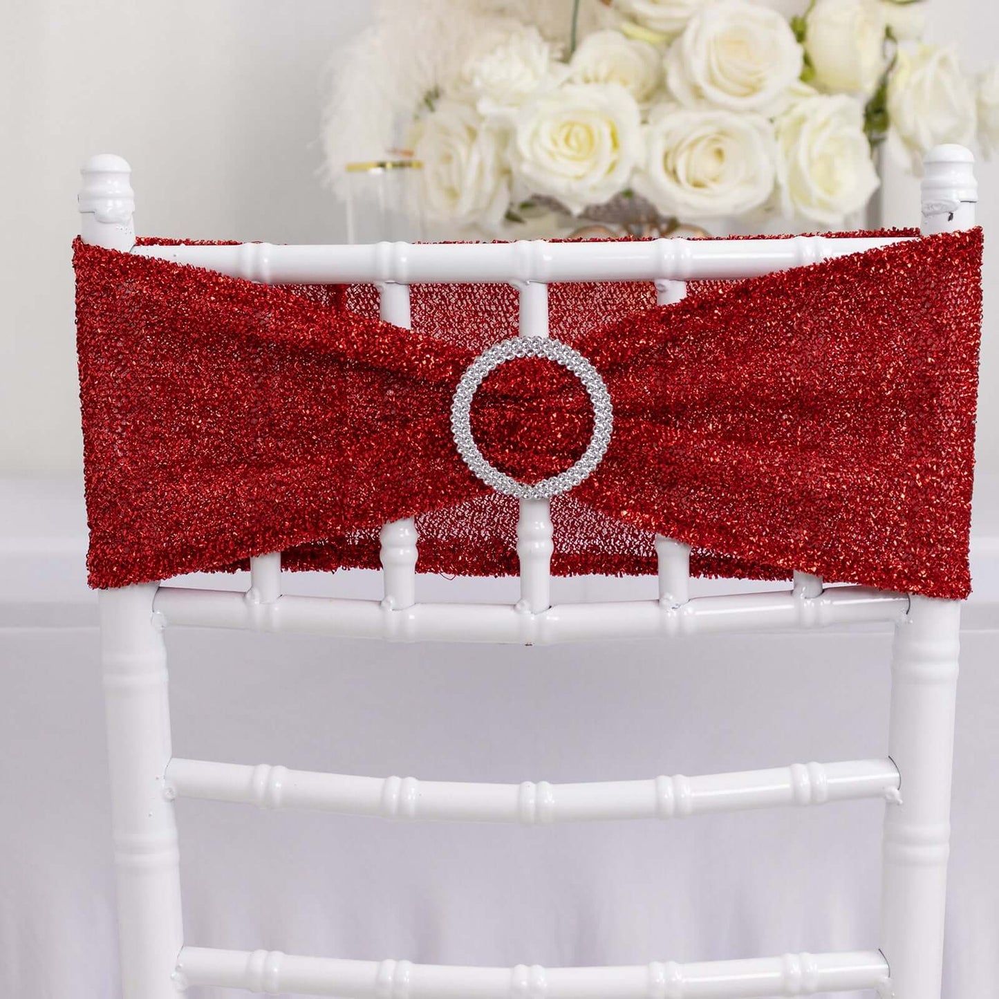 5 Pack Chair Sashes Shimmer Tinsel Spandex 5"x12" with Silver Rhinestone Buckles Red - Stylish Chair Bands