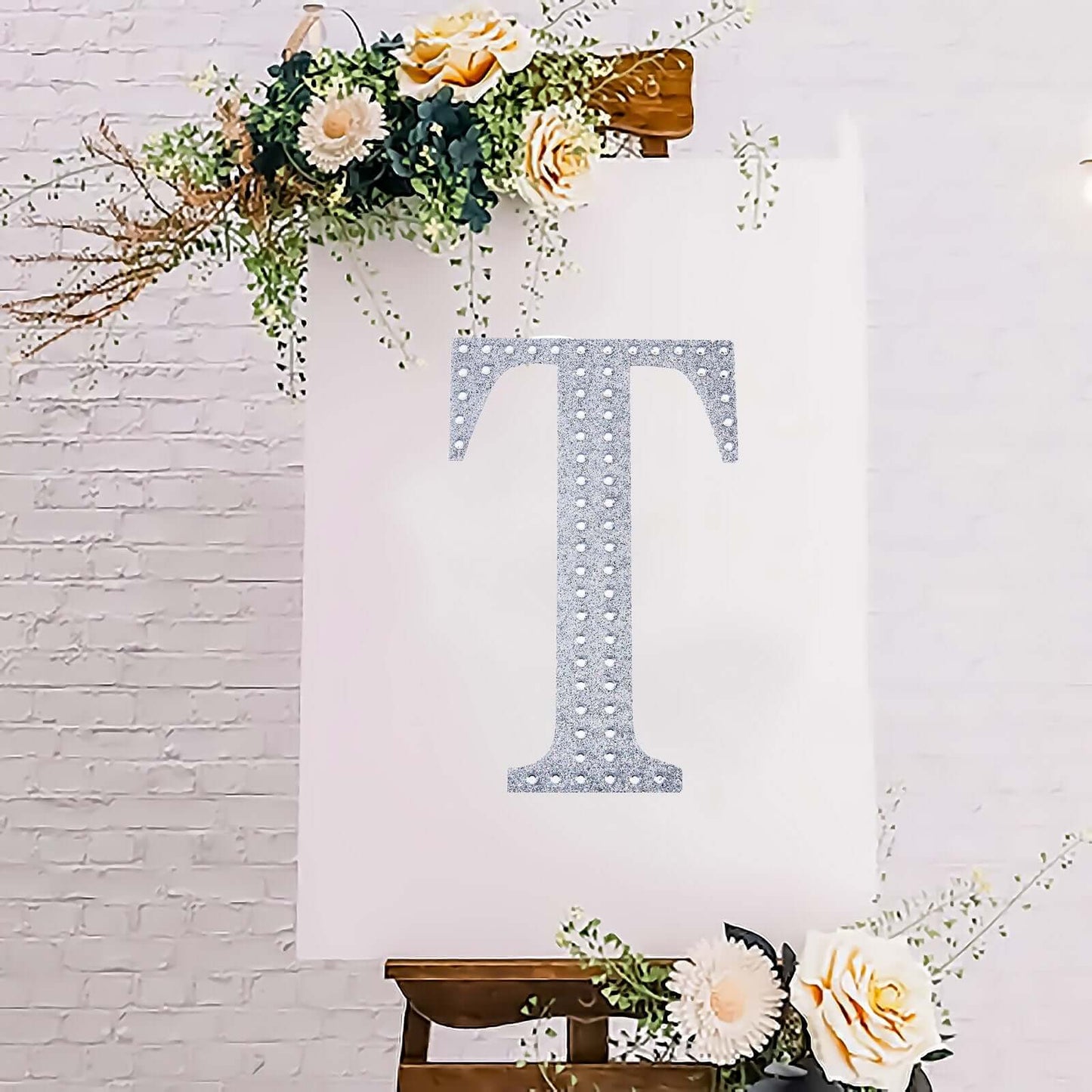 Decorative Rhinestone Alphabet "T" Letter Stickers, Glitter Adhesive Craft Letters Silver DIY Sparkle Embellishments 8"