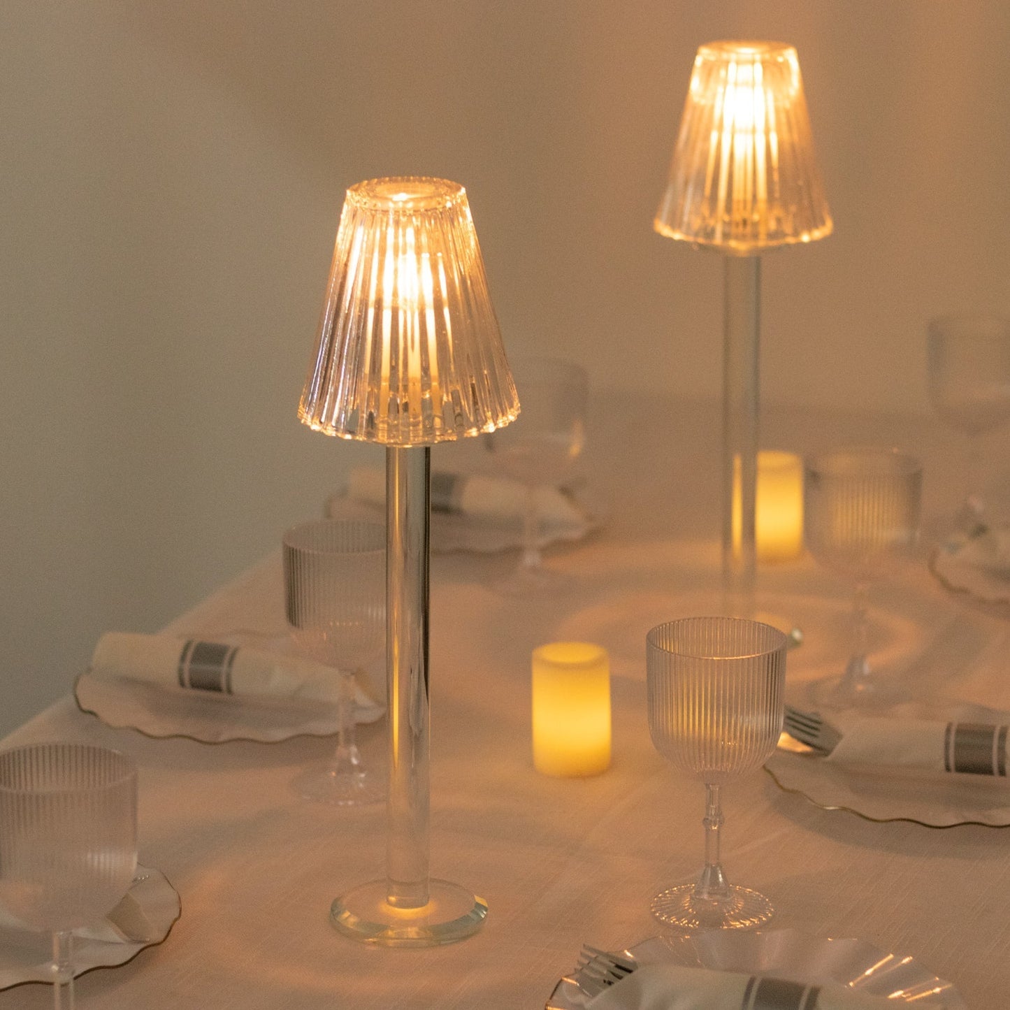 Set of 2 Clear Crystal Glass Candle Holders â€“ 17" Elegant Ribbed Vintage Table Lamp Design