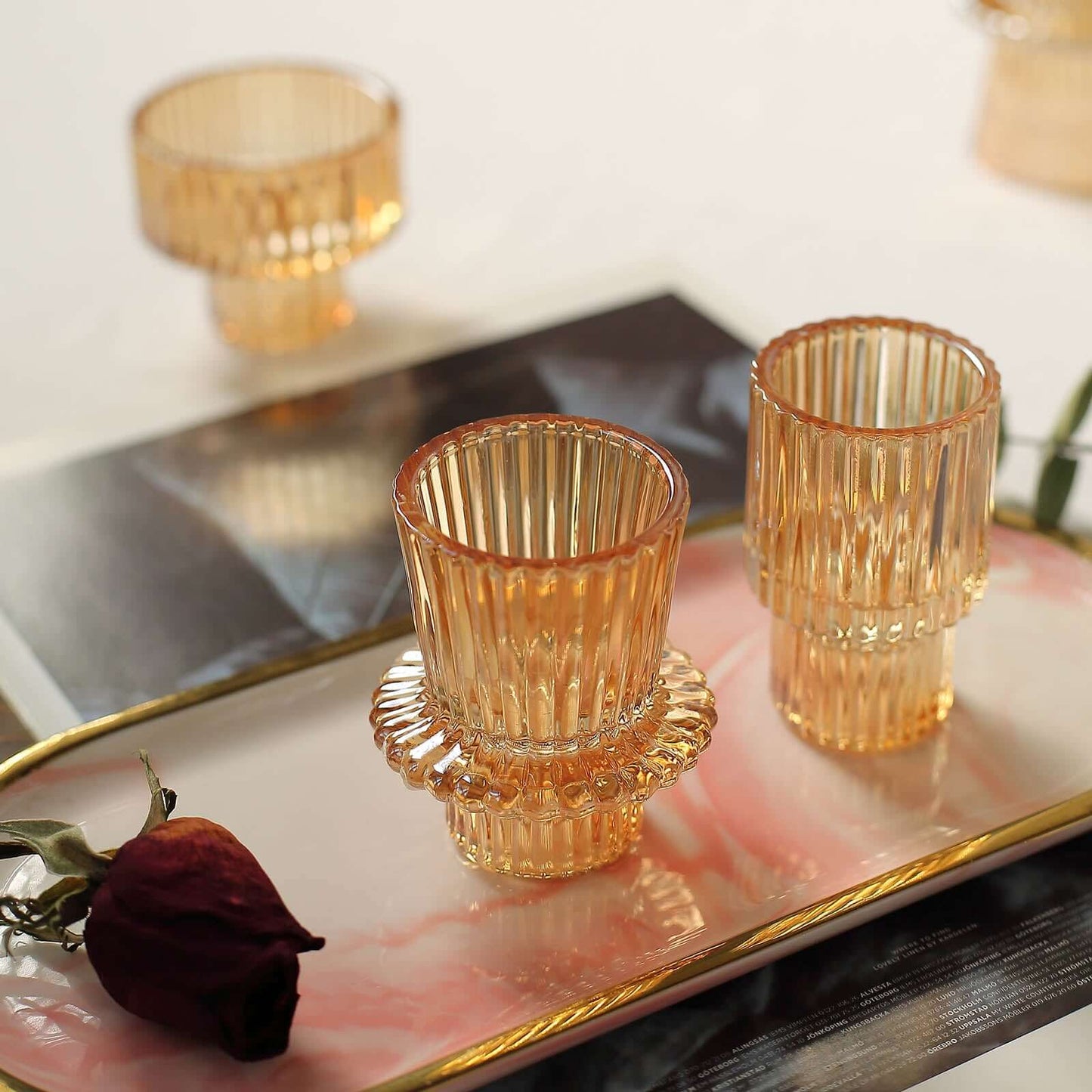 Set of 6 Glass Taper Candle Holders Ribbed Crystal Design Amber Gold - Reversible Mini Votive Tealight Stands 3"