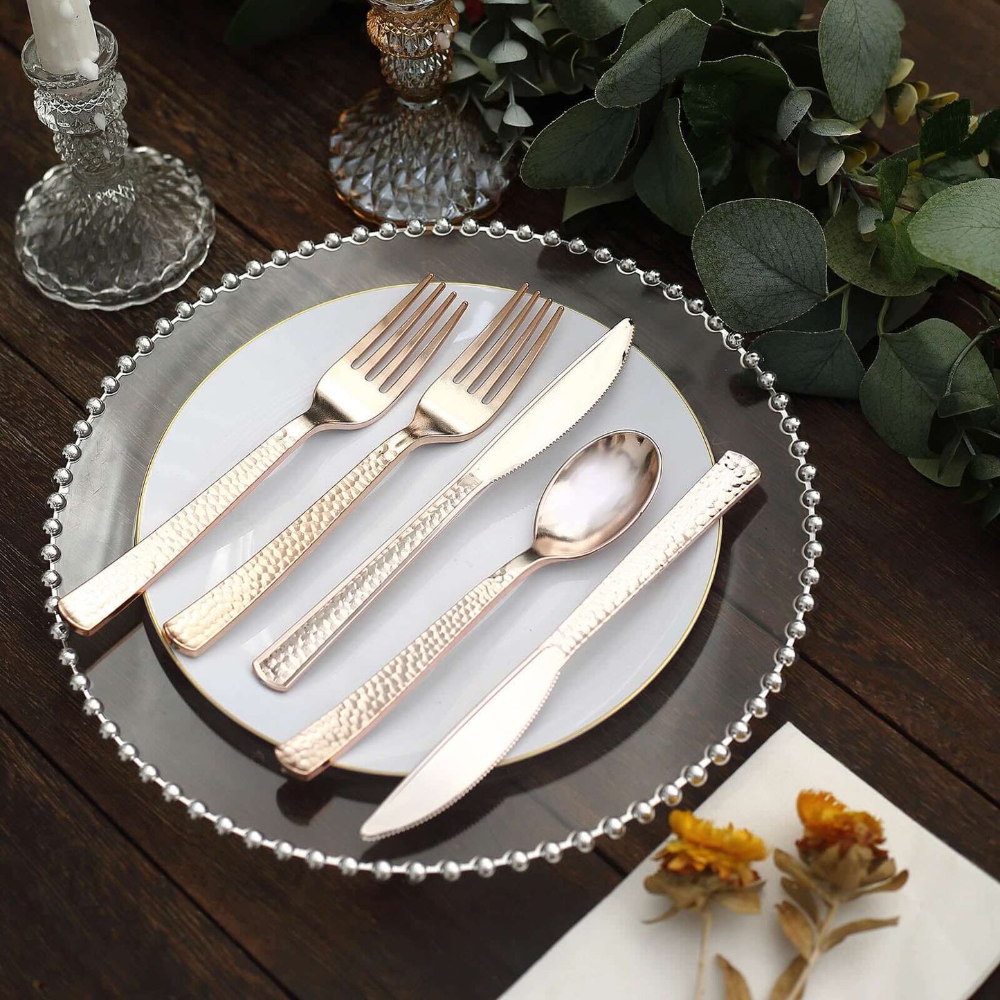 24-Pack Plastic Silverware Set with Hammered Design Rose Gold - Heavy Duty Disposable Utensils 7"