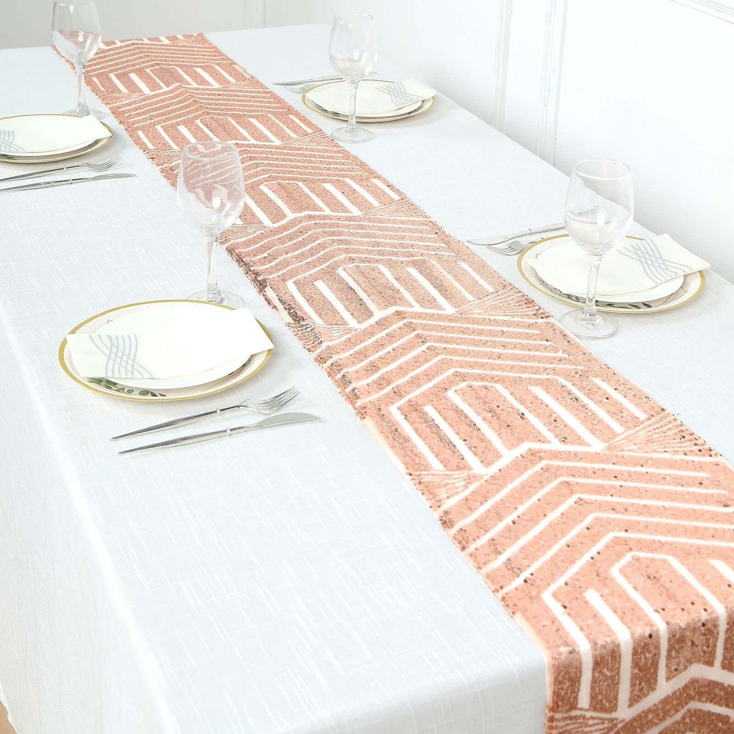 Sequin 12"x108" Table Runner Rose Gold - Diamond Glitz Design