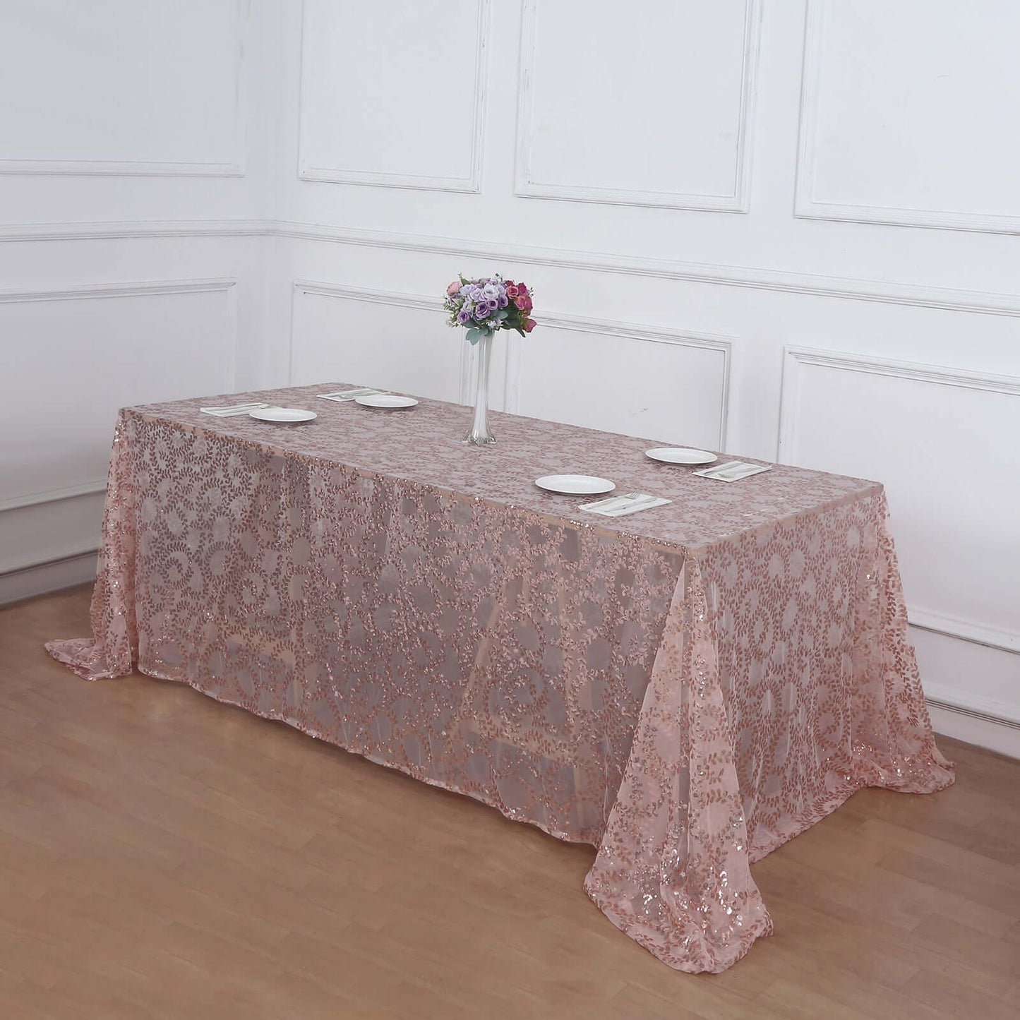 Tulle 90"x156" Rectangle Tablecloth Rose Gold - Sequin Leaf Embroidered Table Cover