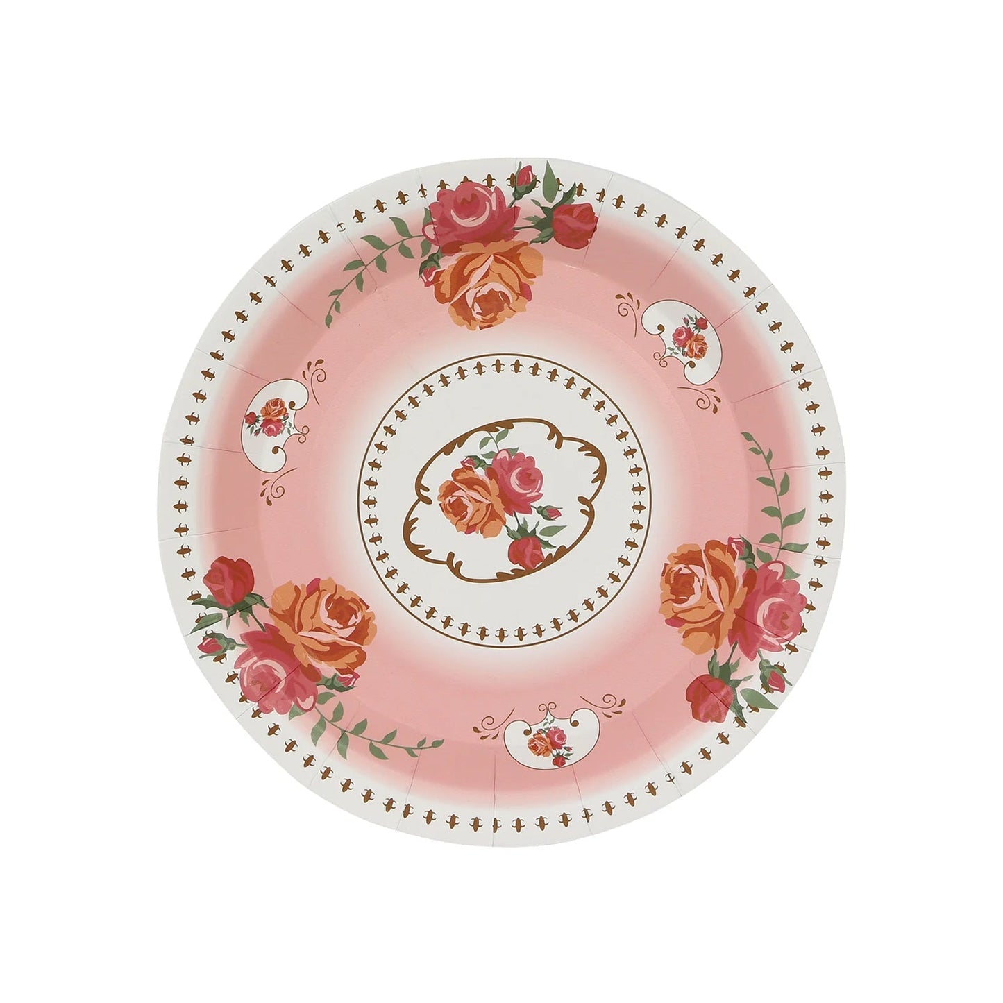 25-Pack Paper 7" Round Dessert Plates in Dusty Rose with Vintage Rose Flower Print - Disposable Appetizer Salad Plates