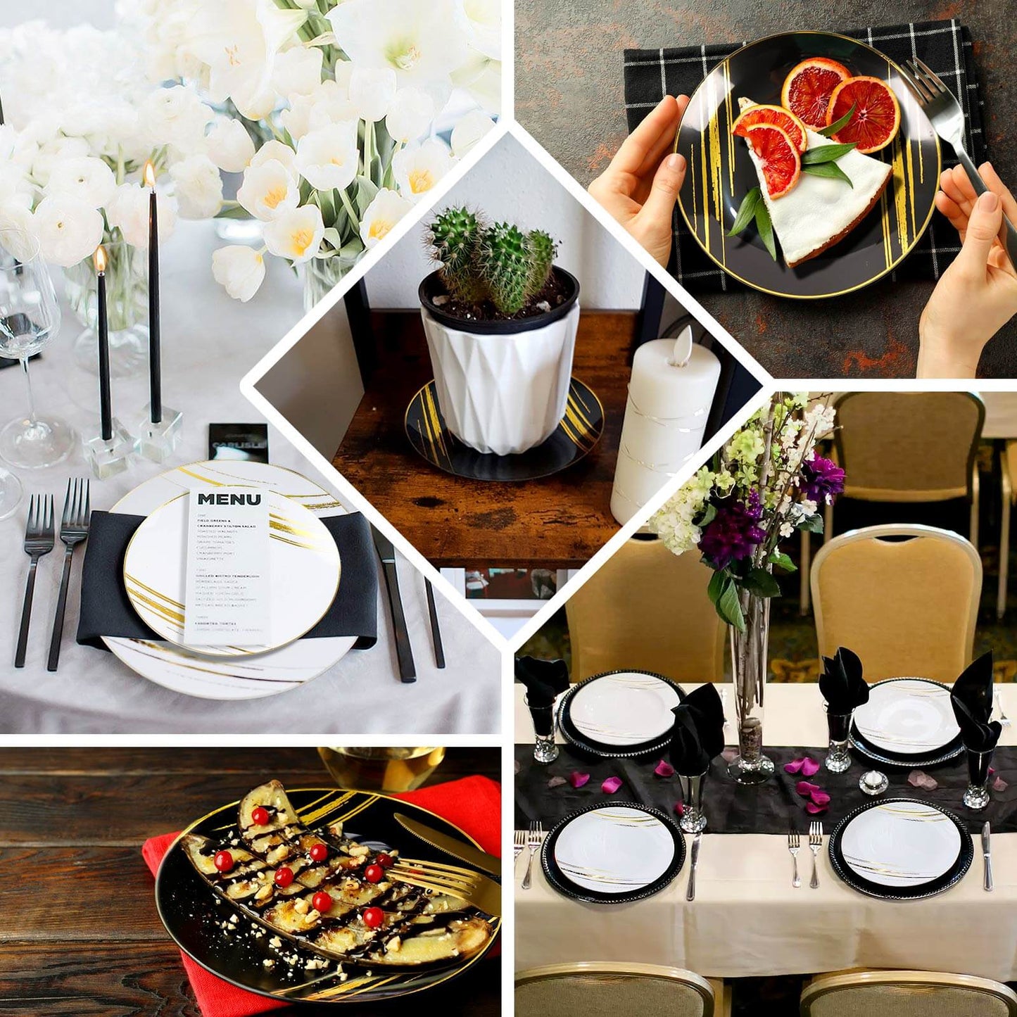 10-Pack Plastic 7" Round Dessert Plates in Black with Gold Brush Stroked Print - Disposable Appetizer Salad Plates for Modern Themed Events & Banquets