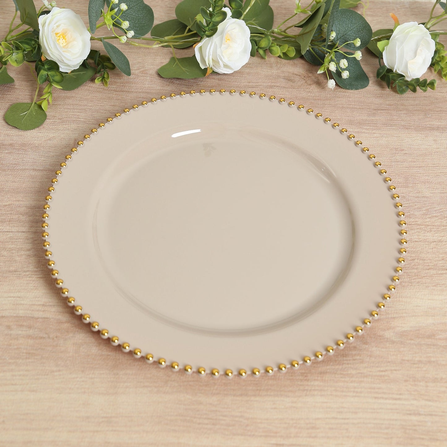 10-Pack Economy Round Plastic Charger Plates 13" in Taupe with Gold Beaded Rim, Stylish Dinner Party Serving Plates