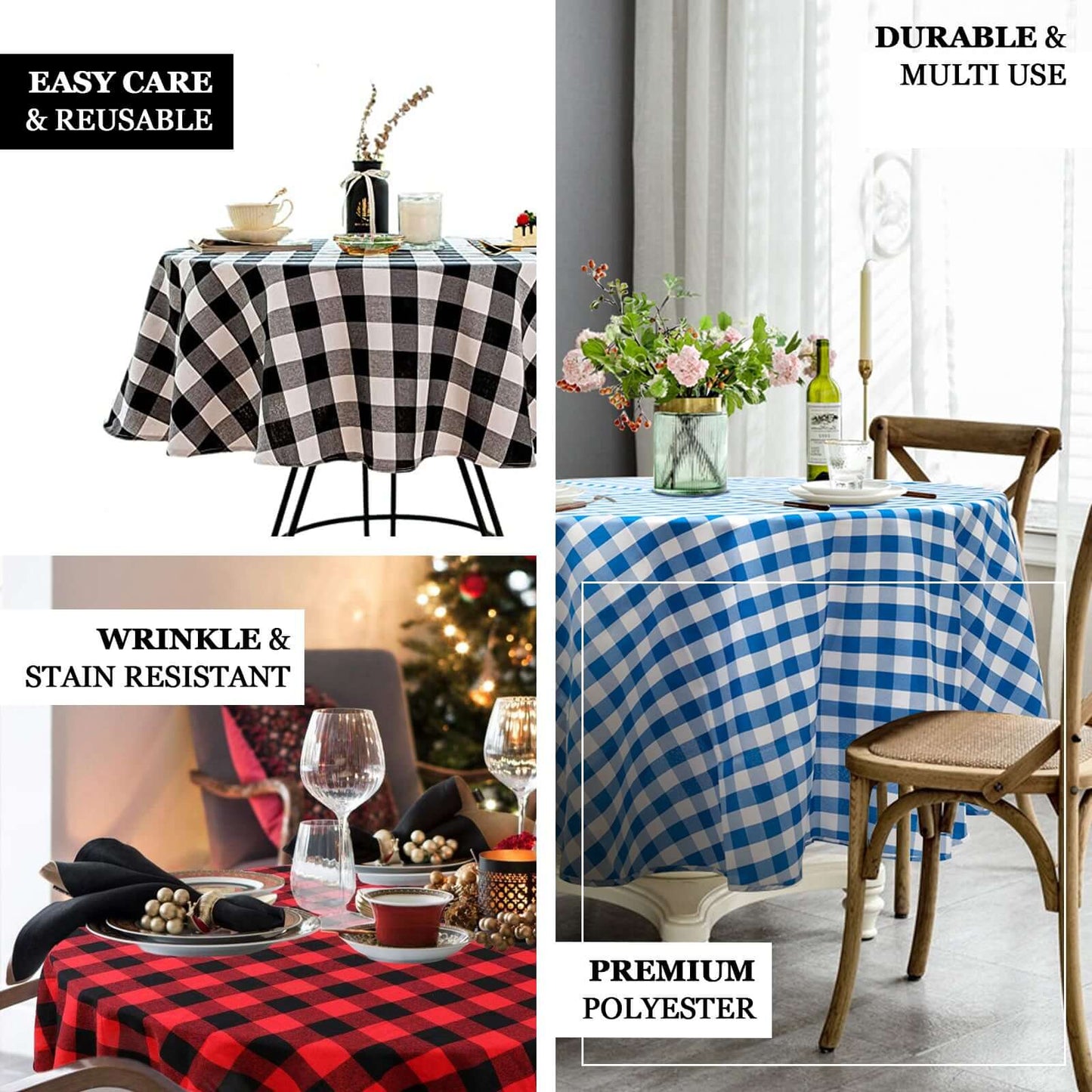 Polyester 108" Round Tablecloth White/Rose Quartz - Checkered Buffalo Plaid Design for Stylish Celebrations