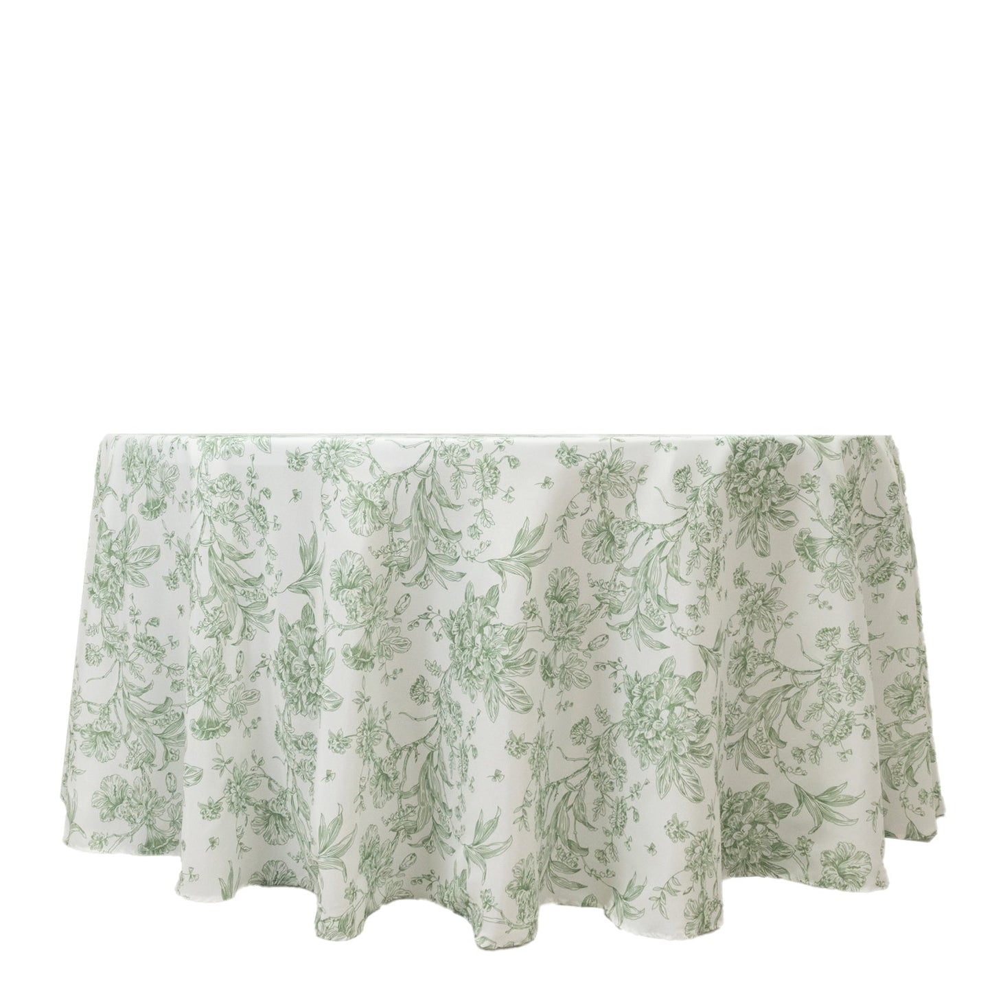 Polyester 120" Round Tablecloth White - Dusty Sage Green French Toile Pattern for Chic Weddings