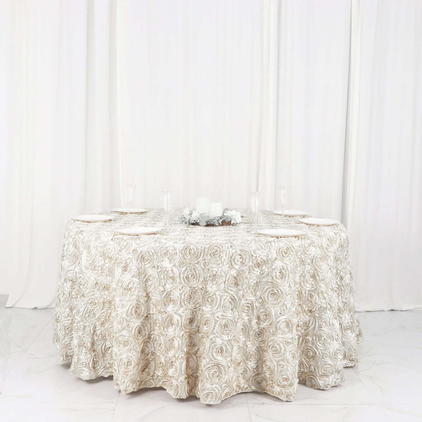 Satin 120" Round Tablecloth Ivory - Grandiose 3D Rosette with Seamless Finish Table Cover