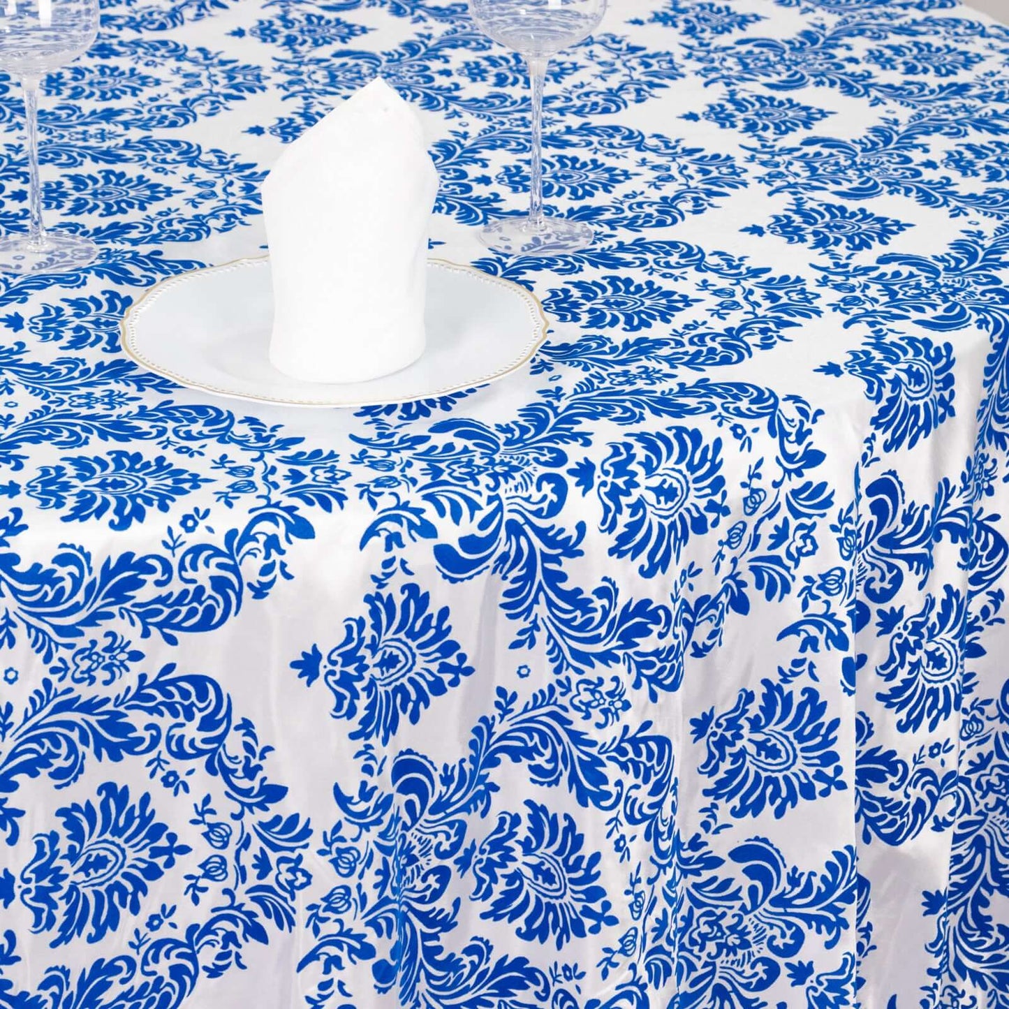 Taffeta 120" Round Tablecloth Royal Blue - Seamless Velvet Flocking Damask Table Cover