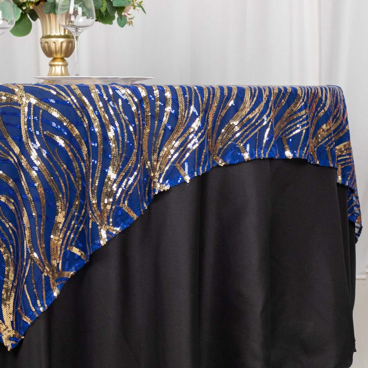 Mesh 72"x72" Table Overlay Square Tablecloth Royal Blue - Wave Embroidered Sequins Table Topper