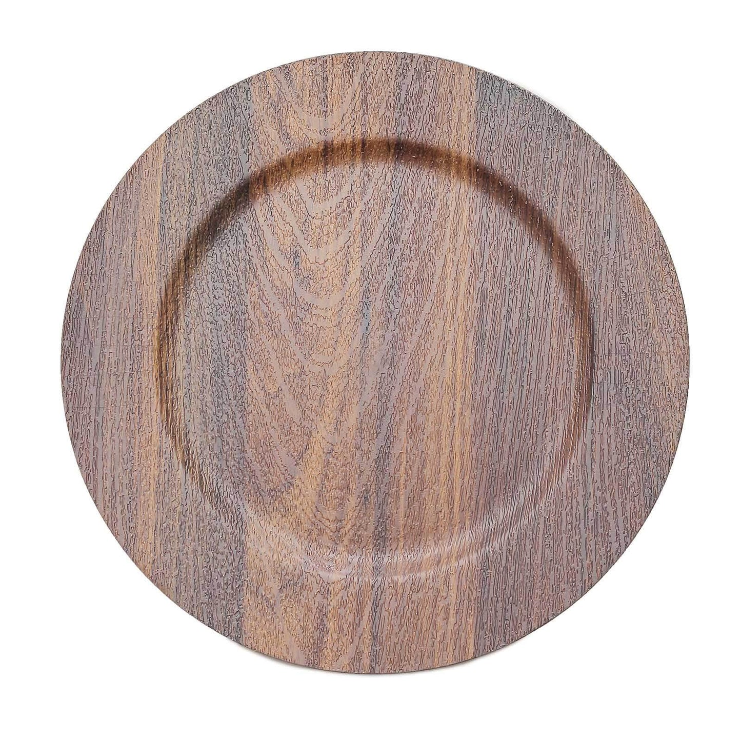 6-Pack Plastic Round Charger Plates 13" in Dark Brown with Faux Wood Finish, Rustic Boho Chic Dinner Party Charger Tableware