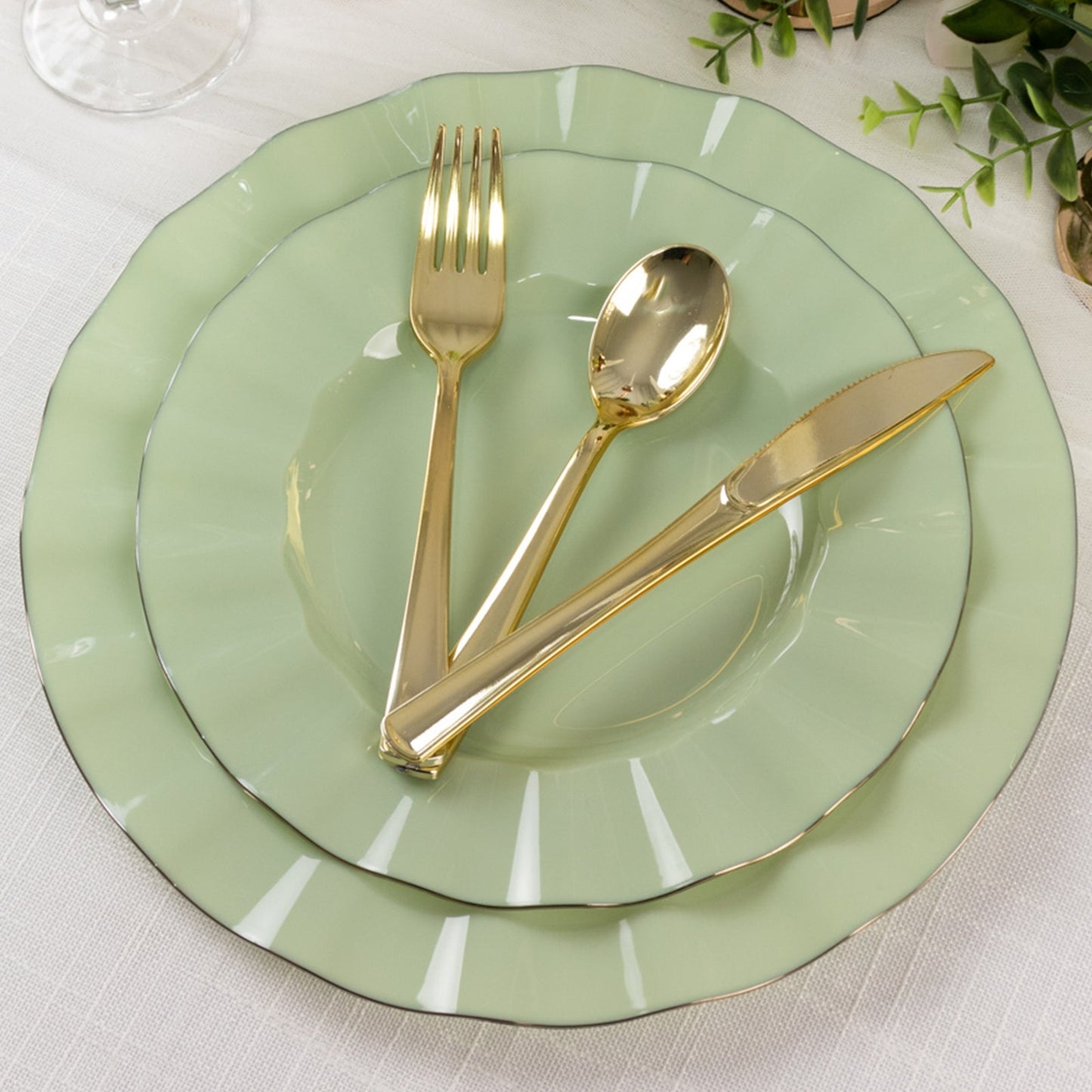 10-Pack Plastic 9" Round Dinner Plates in Sage Green Ruffled Rim with Gold Edging - Sturdy Disposable Dinnerware