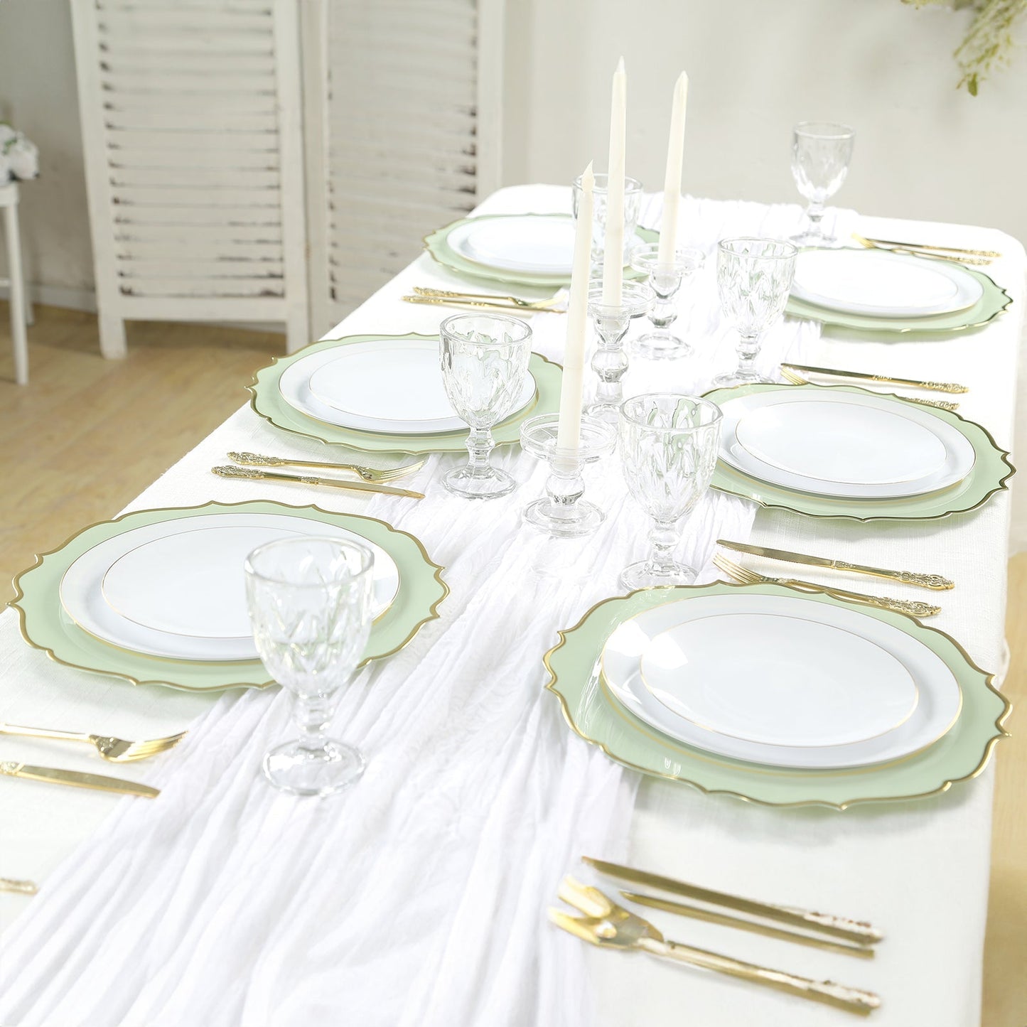 10-Pack Economy Plastic Round Charger Plates 13" in Sage Green with Gold Scalloped Rim, Decorative Dinner Party Serving Plates