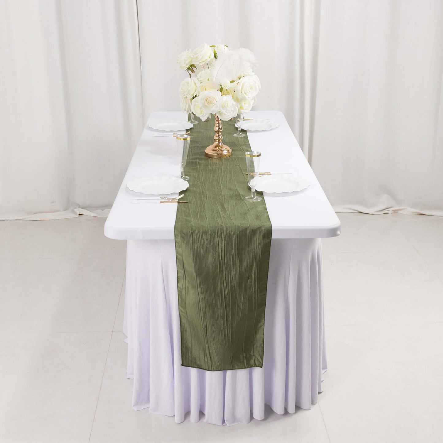 Taffeta 12"x108" Table Runner Dusty Sage Green - Accordion Crinkle Design