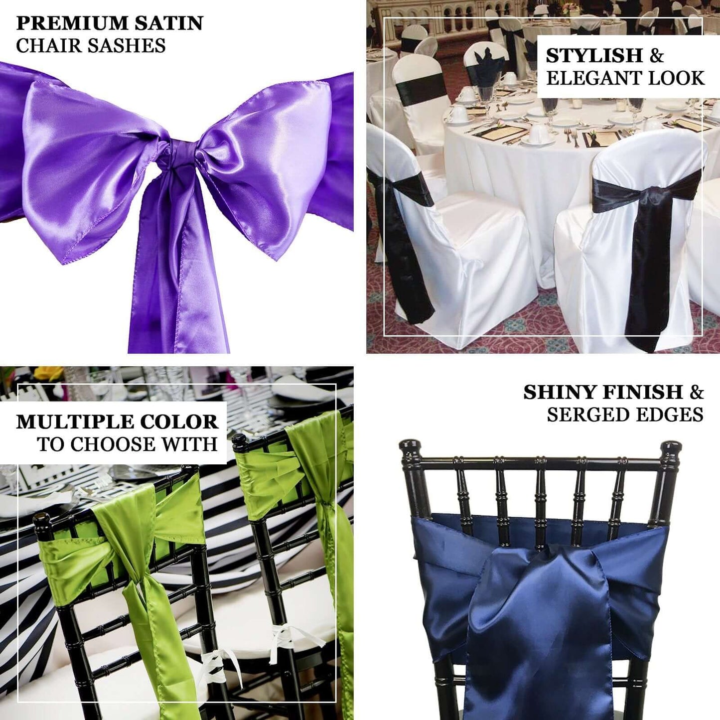 5 Pack Satin Chair Sashes Purple - Durable Chair Bows with Shiny Finish 6"x106"