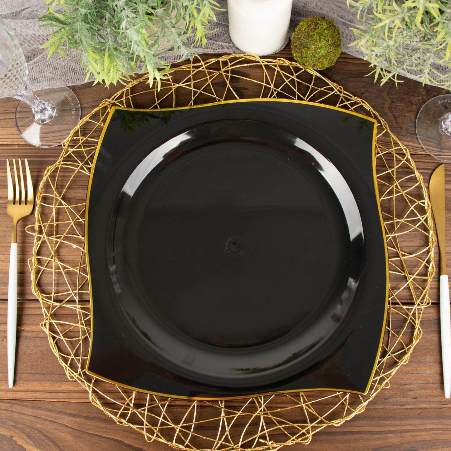 10-Pack Plastic 10" Square Dinner Plates in Black with Gold Wavy Rim Modern - Disposable Party Plates