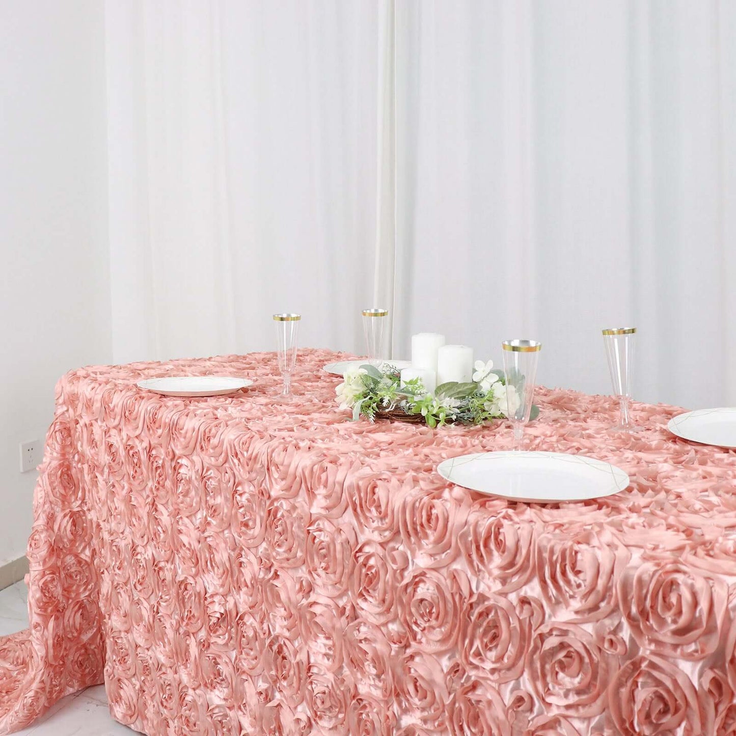 Satin 90"x132" Rectangle Tablecloth Dusty Rose - Grandiose 3D Rosette Seamless Table Cover