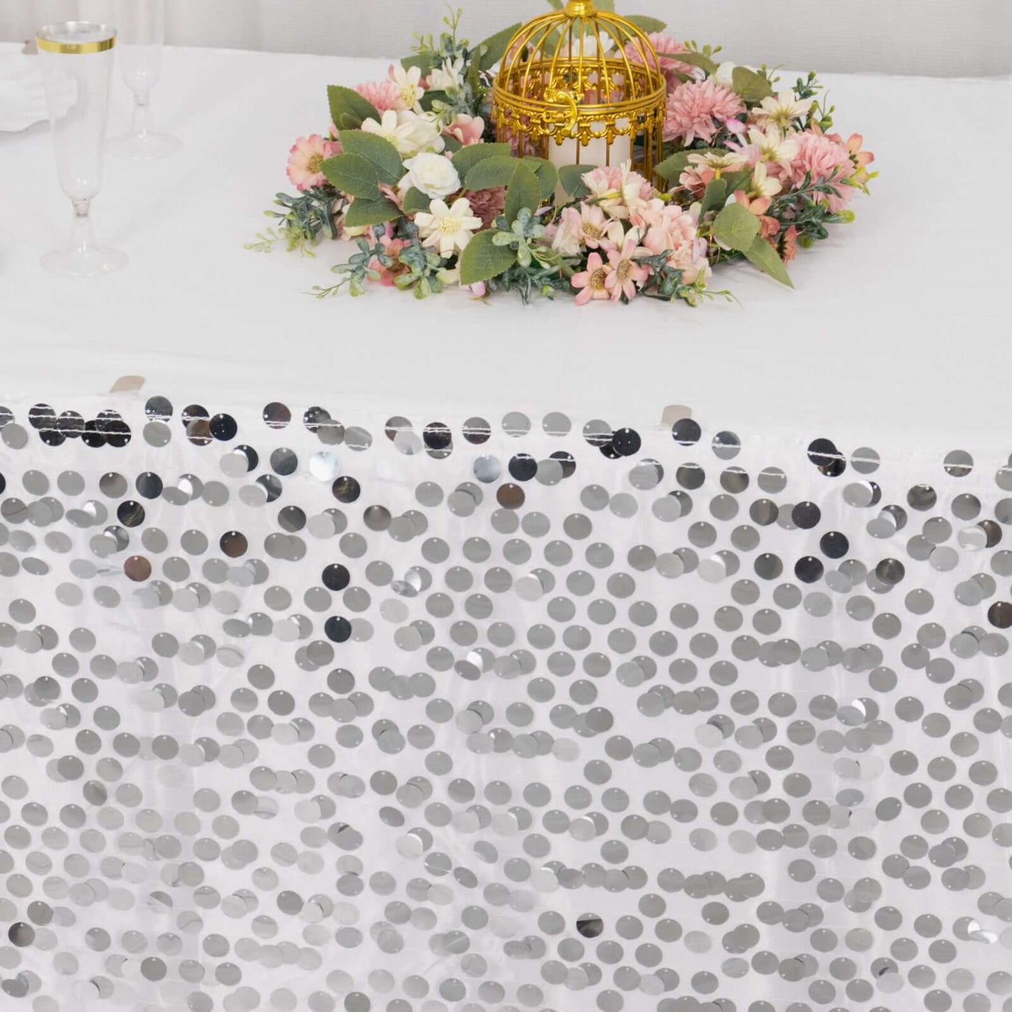 Payette Sequin 21ft Table Skirt Silver - Dual Layered Satin Table Cover