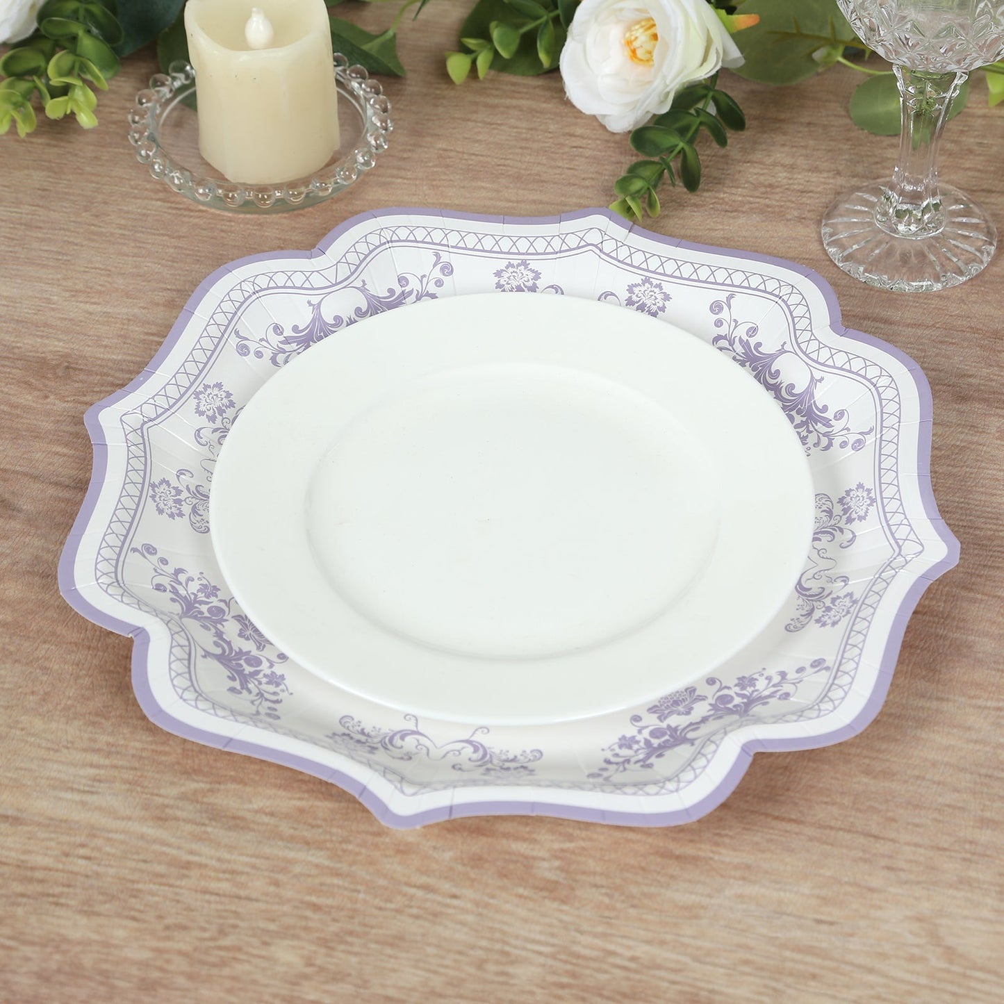 25-Pack Paper Dessert Plates in White with Lavender Lilac Damask Floral Print & Scallop Rim - Stylish Disposable 300GSM Floral Salad Appetizer Plates 8"