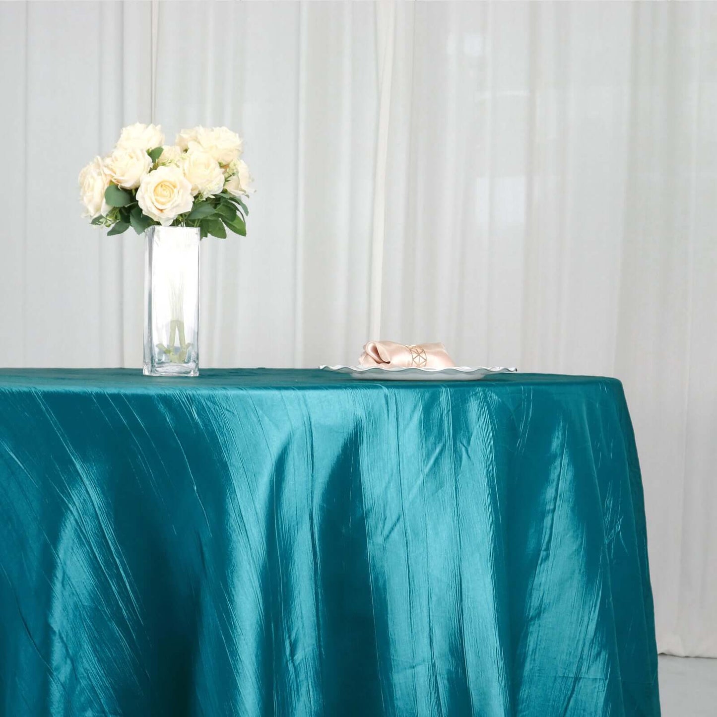 Taffeta 120" Round Tablecloth Teal - Seamless Accordion Crinkle Table Cover