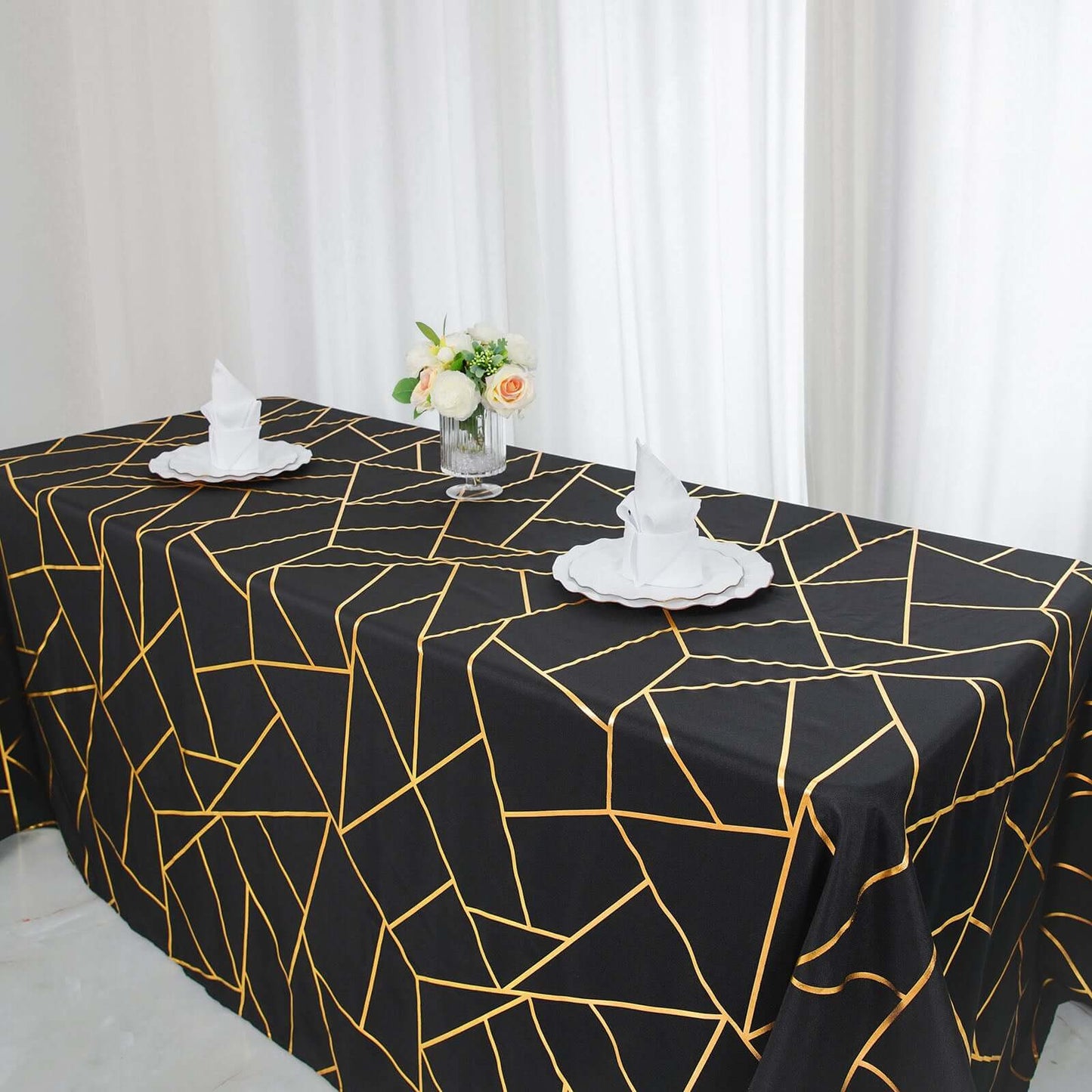 Polyester 90"x132" Rectangle Tablecloth Black Seamless with Gold Foil Geometric Pattern - Wrinkle-Resistant Seamless Table Cover