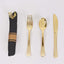 Set of 24 Gold Plastic Silverware with Pre-Rolled Black Paper Napkins - Disposable Wrapped Fork, Spoon, and Knife Set