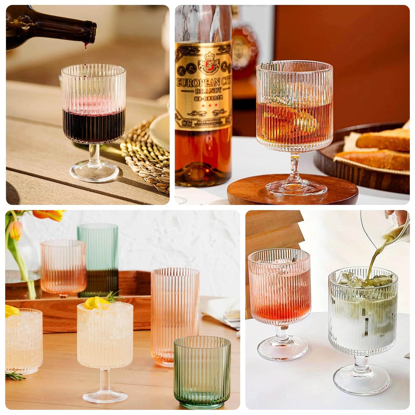 12-Pack Plastic Goblets Clear Vintage Ribbed Pattern Short Stem - Reusable Wine Glasses 12oz