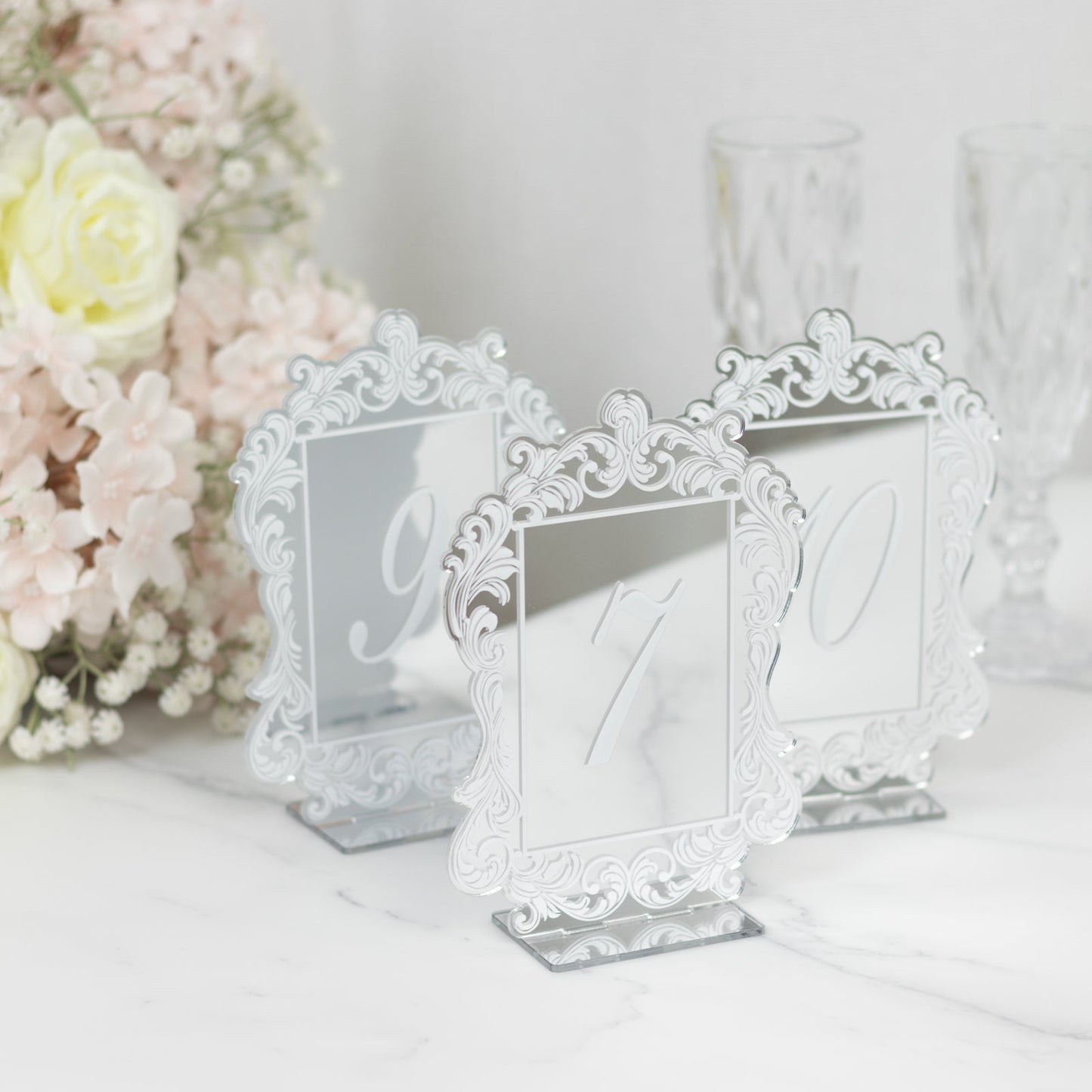 Silver Mirror Arch Acrylic Table Numbers (1-10) - 5"x7" Wedding Reception Signs with Baroque Lace Border, White Print & Stands