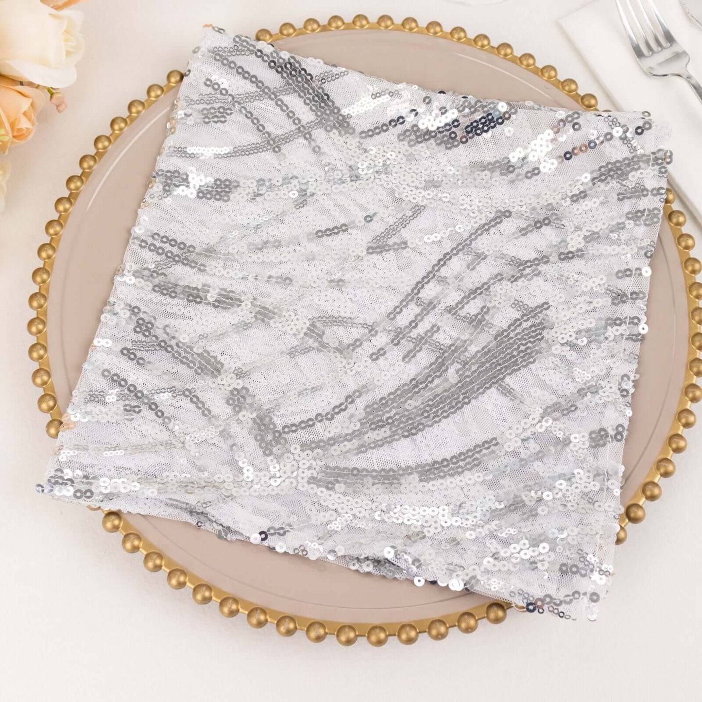Sequin Mesh 20"x20" Napkin SIlver - Wave Embroidered Reusable Napkin