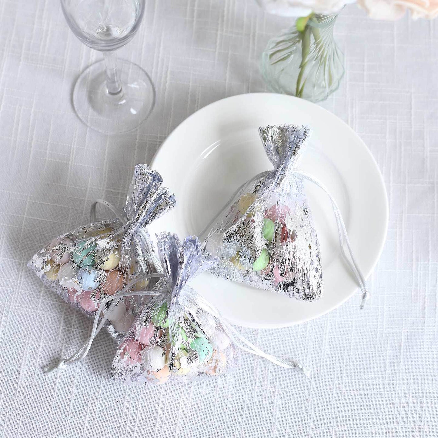 12 Pack Metallic Silver Foil Polyester Drawstring Candy Bags, Wedding Party Favor Bags - 4"x5"