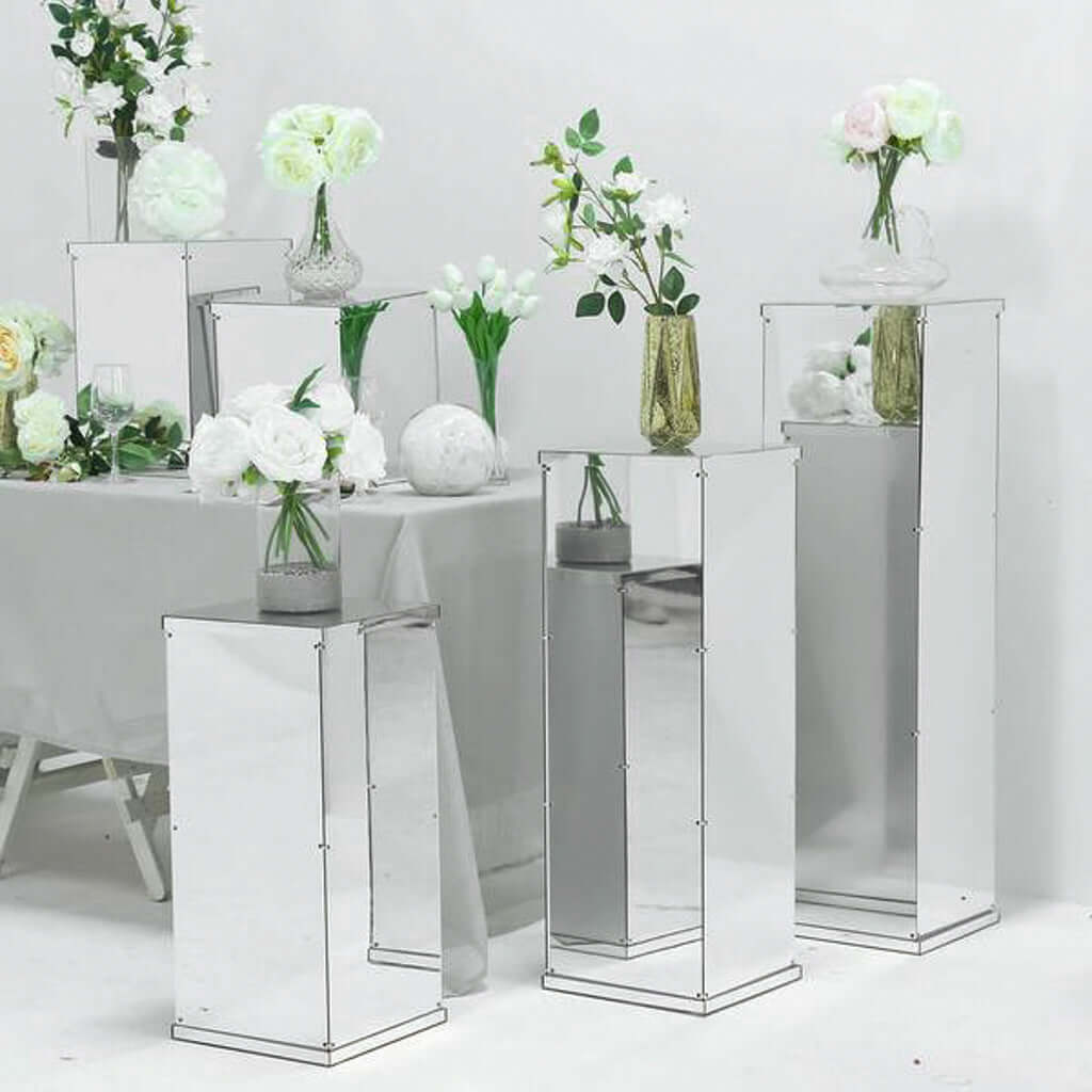 12" Silver Mirrored Acrylic Display Box, Pedestal Riser with Interchangeable Lid and Base