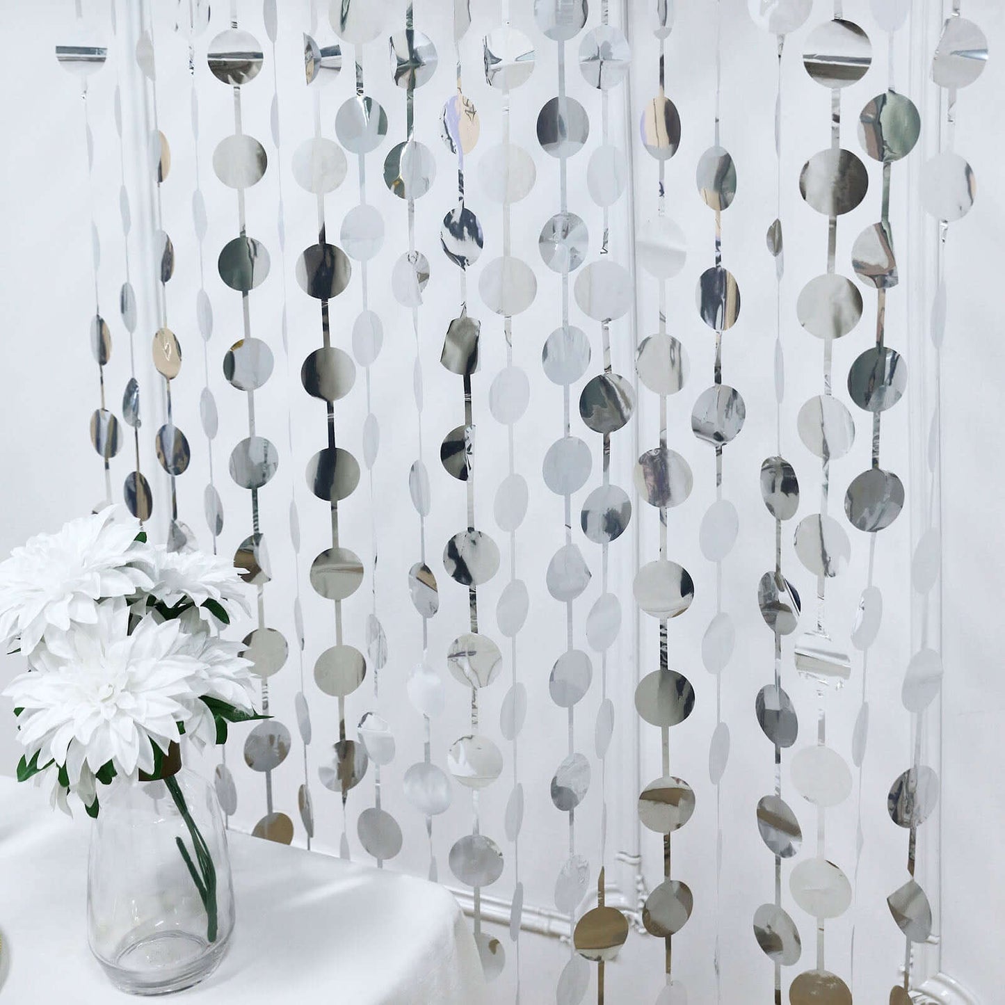 Silver Round Chain Foil Fringe Curtain Party Backdrop, Metallic Silver Tinsel Streamer Party Decor - Door Window Foil Curtain - 3ftx6.5ft