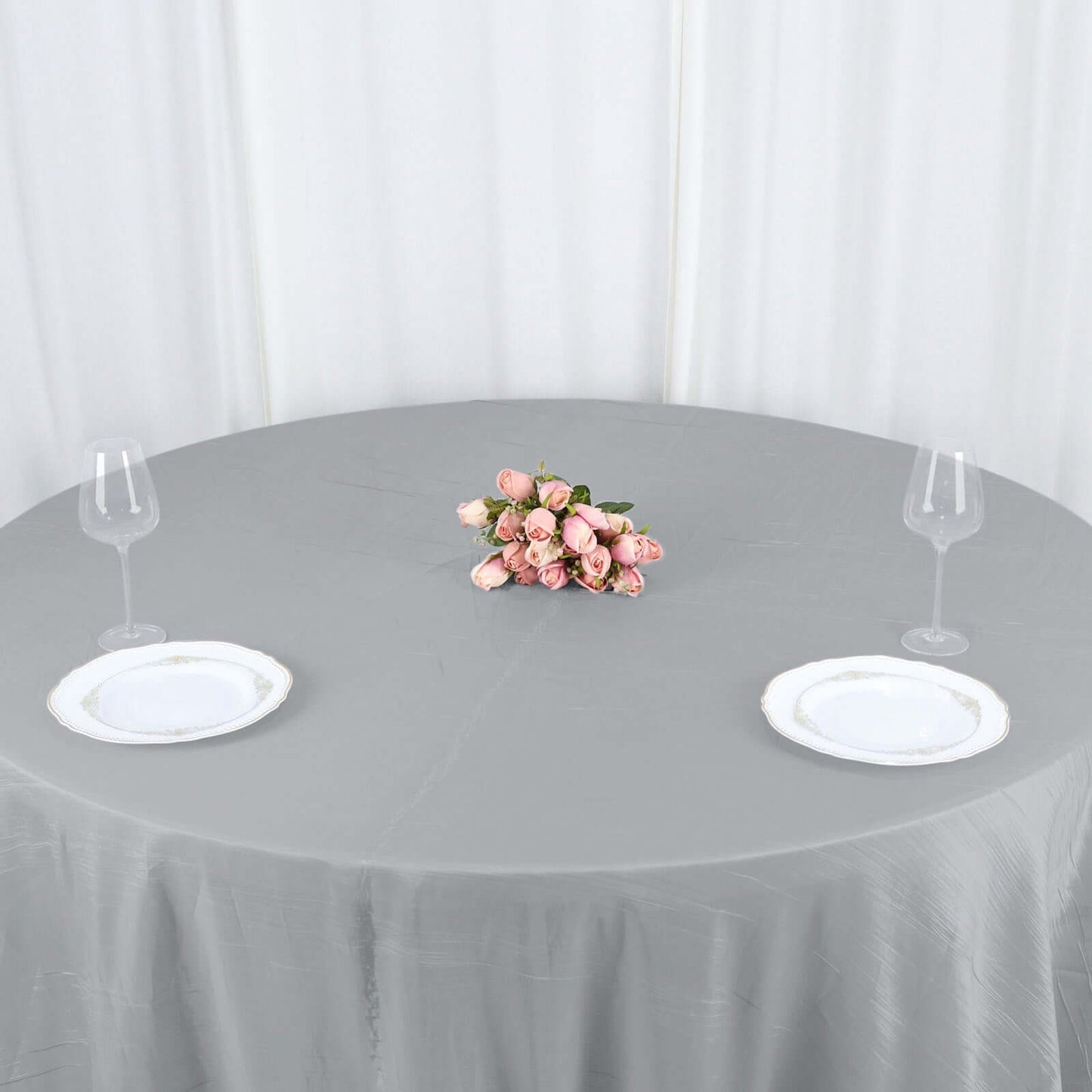 Taffeta 132" Round Tablecloth Silver - Seamless Accordion Crinkle Table Cover