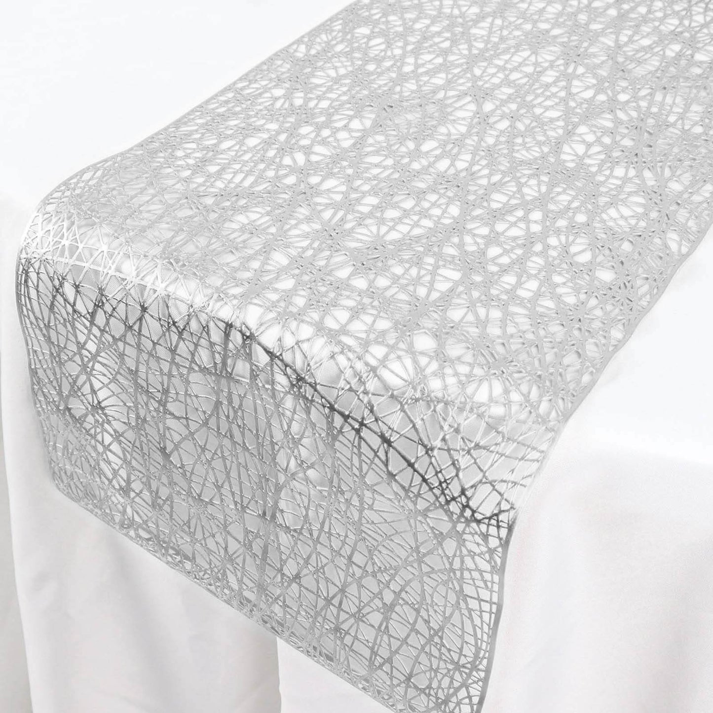 Plastic Woven Vinyl 13"x6ft Table Runner Metallic Silver - Non-Slip & Reversible Tabletop Decor