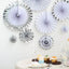 Set of 8 Silver White Hanging Paper Fan Decorations, Pinwheel Wall Backdrop Party Kit - 4", 8", 12", 16"