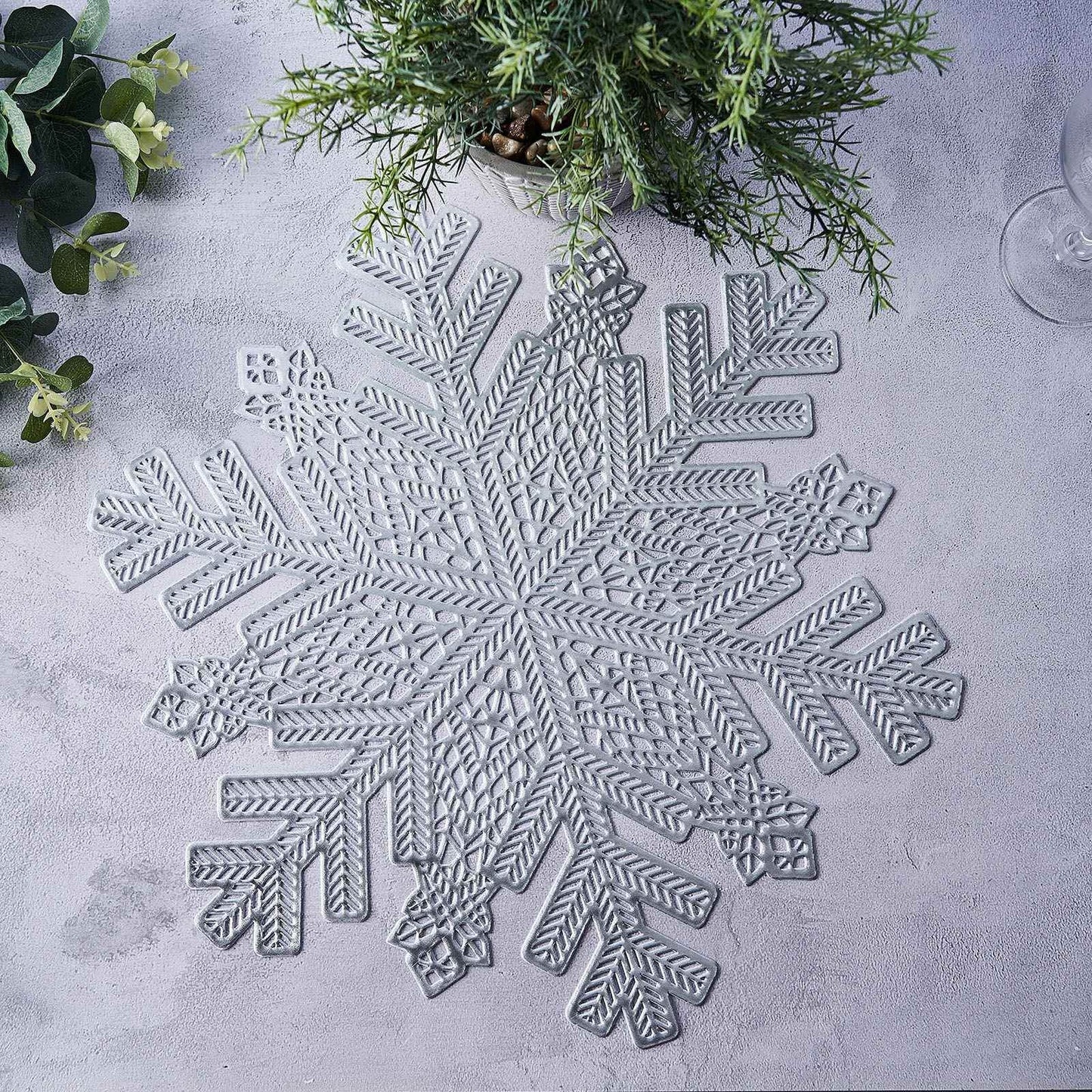 6-Pack Dining Table Mats Snowflake Design Silver - Vinyl Non-Slip Surface for Winter Decor 18"