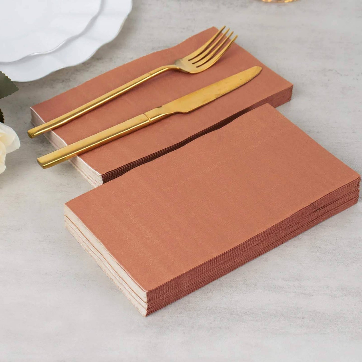 50-Pack Paper Dinner Napkins Terracotta (Rust) with Gold Embossed Leaf - Stylish 2-Ply Disposable Napkins for Weddings 18GSM