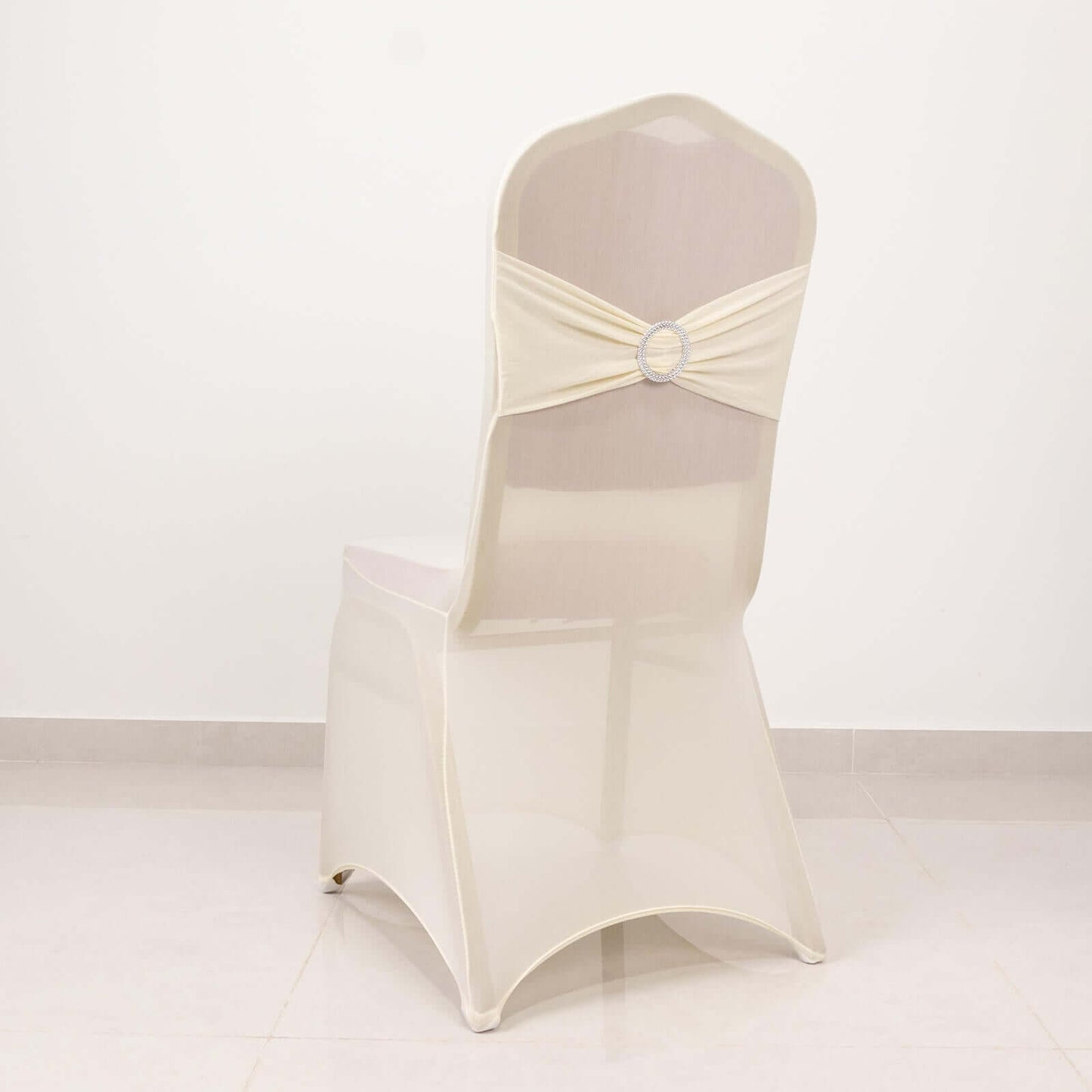 Spandex Chair Cover with Silver Rhinestone Buckled Sash Band Ivory - Stretch Fitted Slipcover