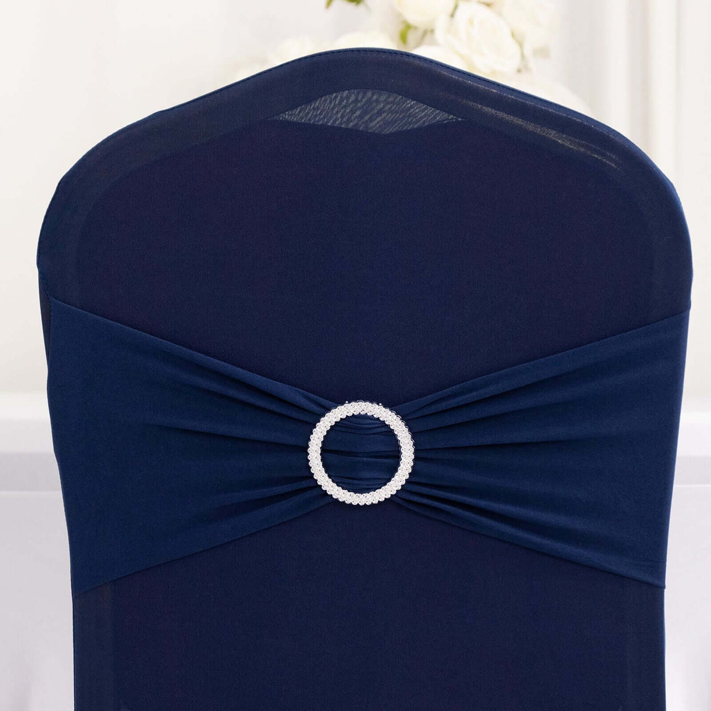 Spandex Chair Cover with Silver Rhinestone Buckled Sash Band Navy Blue - Stretch Fitted Slipcover