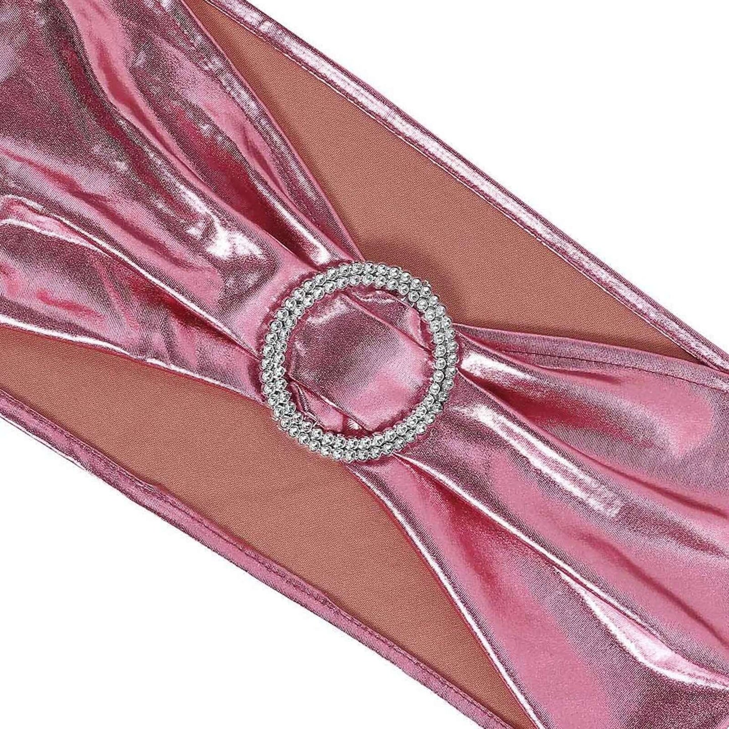 5 Pack Metallic Spandex Chair Sashes Rose Gold - Stretch Fit Chair Bands With Round Diamond Buckles