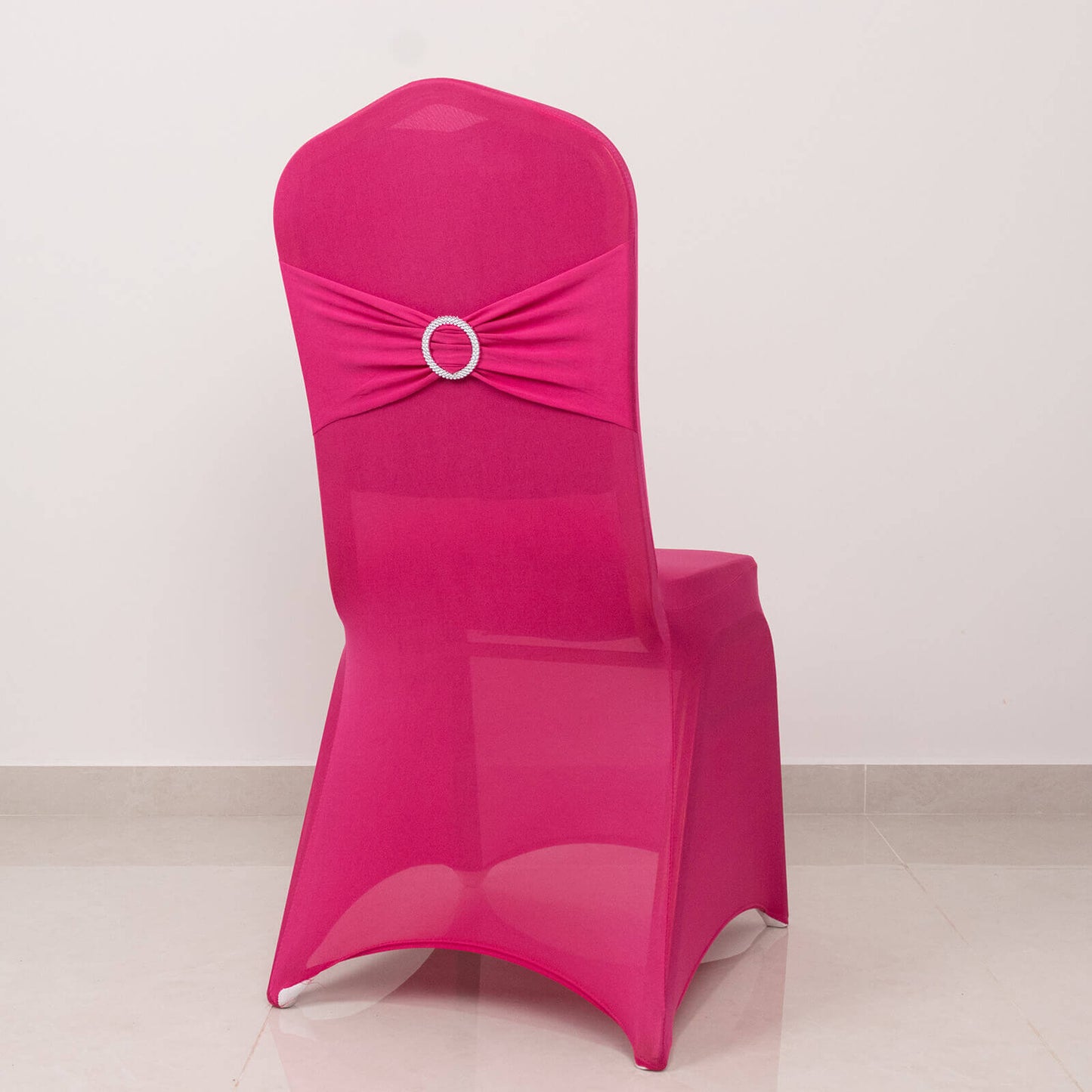 Spandex Chair Cover with Silver Rhinestone Buckled Sash Band Fuchsia - Stretch Fitted Slipcover