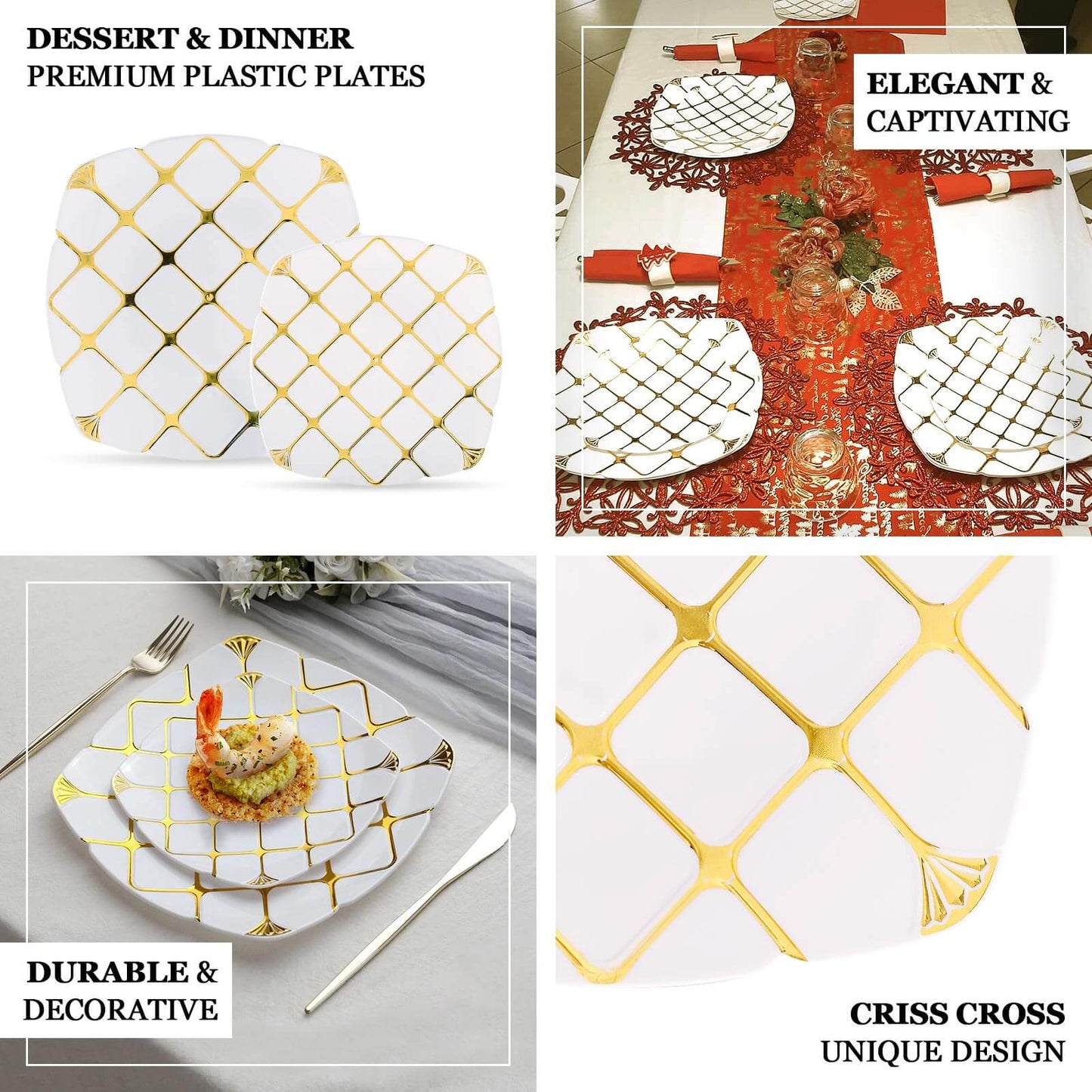 10-Pack Plastic 10" Square Dinner Plates in White with Gold Diamond Lattice Pattern - Disposable Party Plates for Weddings, Banquets & Special Events