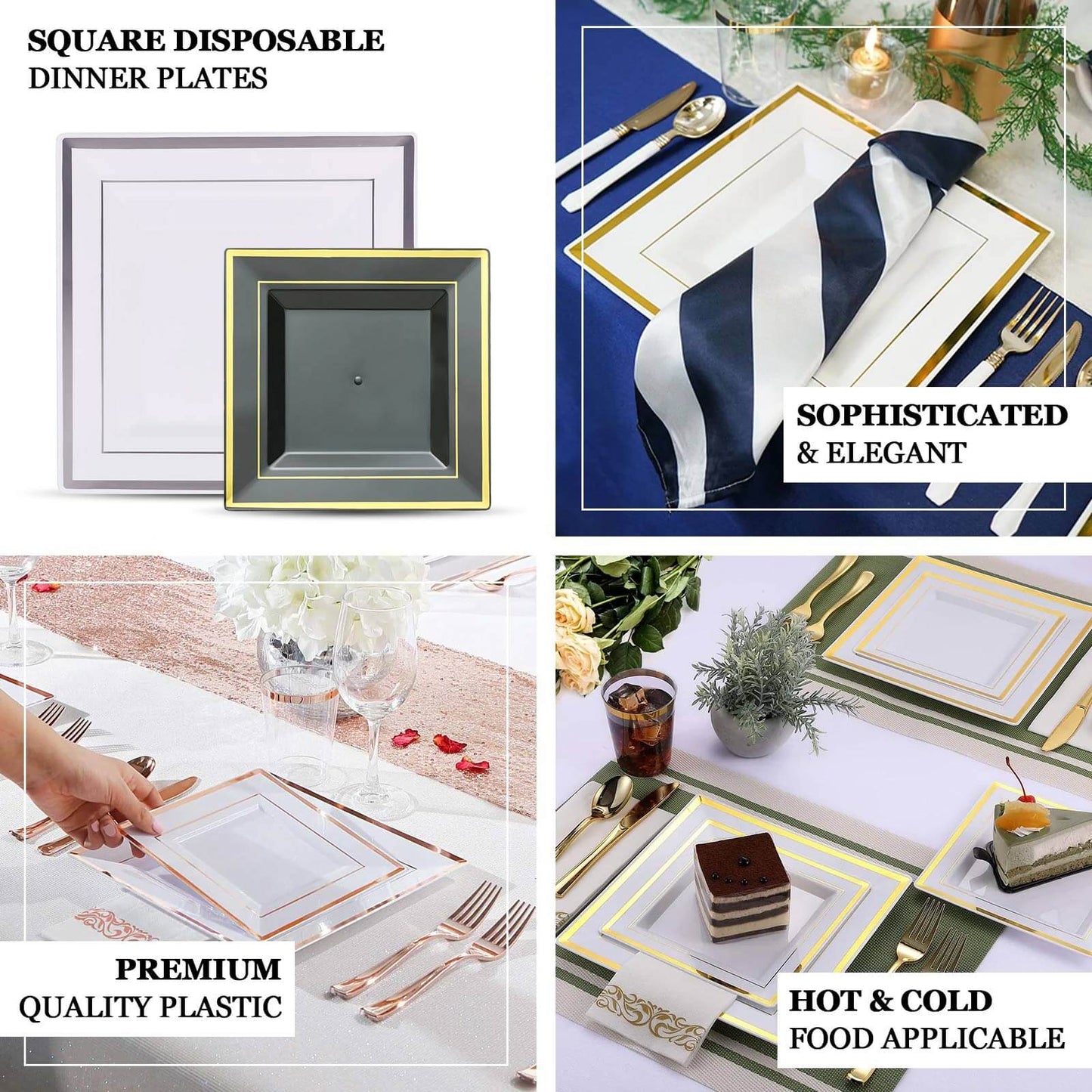 10-Pack Plastic Dinner Plates White Square with Rose Gold Trim - Lightweight Disposable Plates for Events 10"