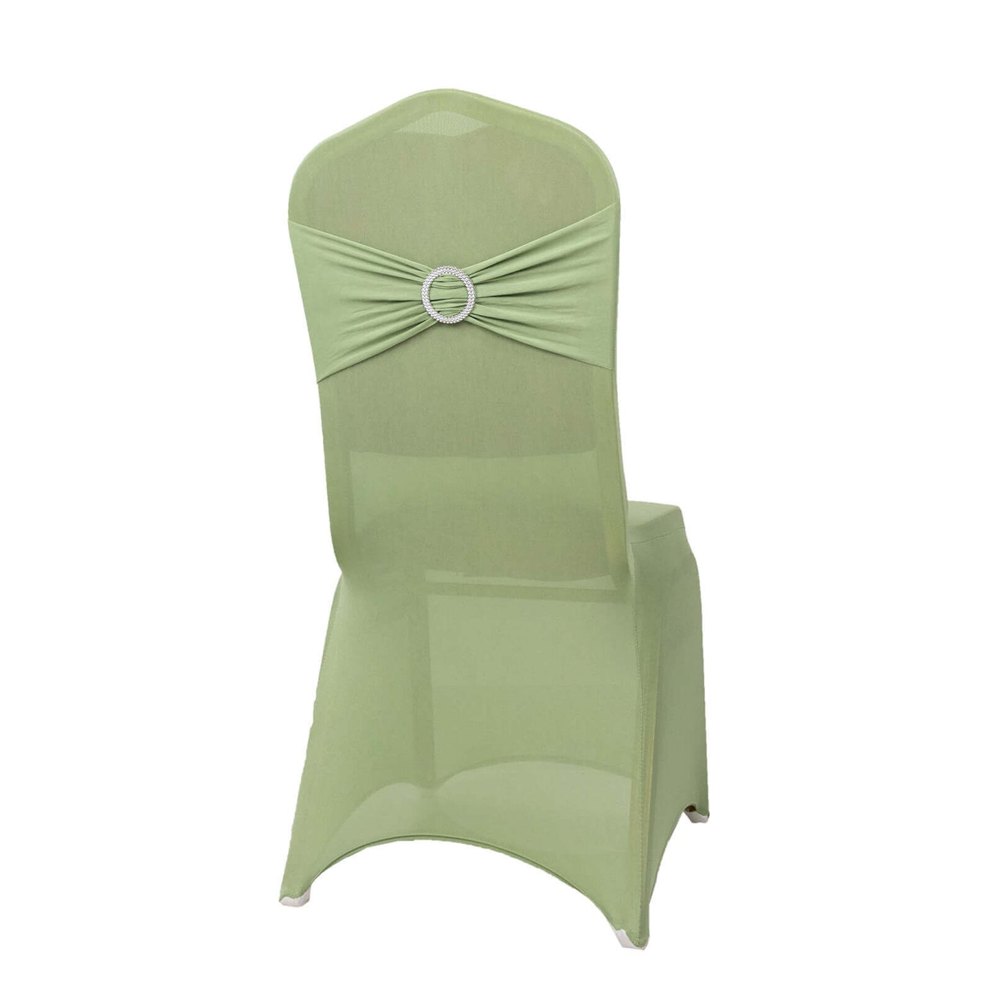 Spandex Chair Cover with Silver Rhinestone Buckled Sash Band Sage Green - Stretch Fitted Slipcover